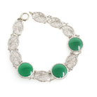 Green Chalcedony Filigree Bracelet - Art Deco 14k White Gold Round Cab Gemstone Panel Links - Circa 1930s 7 1/2 Inch Fine Floral Jewelry