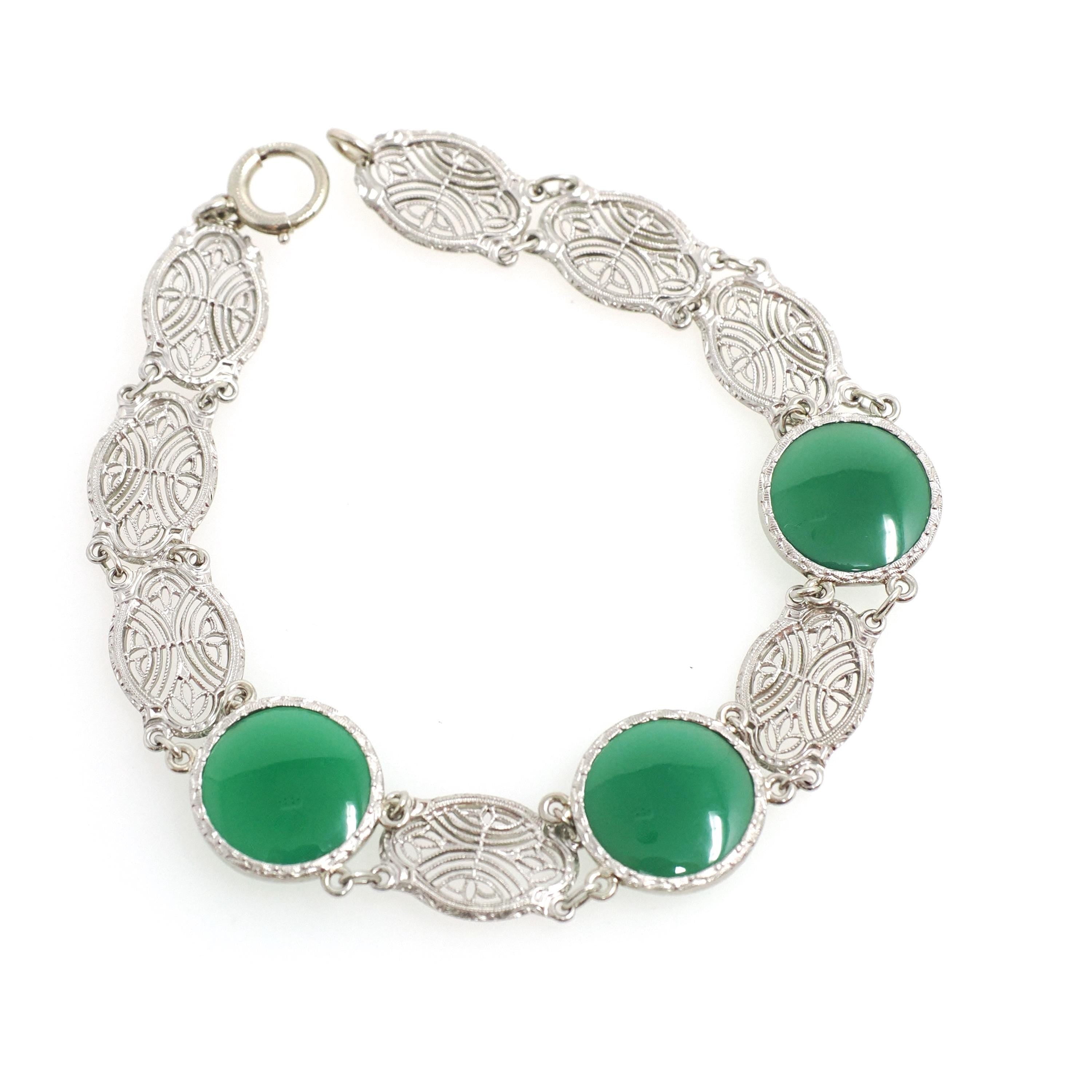 Green Chalcedony Filigree Bracelet - Art Deco 14k White Gold Round Cab Gemstone Panel Links - Circa 1930s 7 1/2 Inch Fine Floral Jewelry