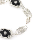 Onyx Filigree Bracelet - Art Deco Era 14k White Gold Black Chalcedony Panel Links - Circa 1930s Era 6 1/2 Inch Diamond Accent Fine Jewelry