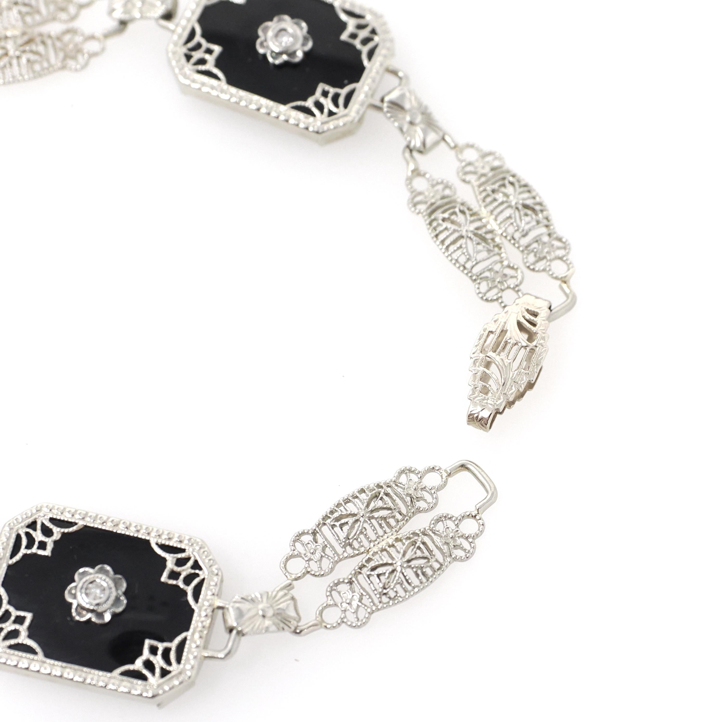 Onyx Filigree Bracelet - Art Deco Era 14k White Gold Black Chalcedony Panel Links - Circa 1930s Era 6 1/2 Inch Diamond Accent Fine Jewelry