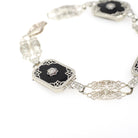 Onyx Filigree Bracelet - Art Deco Era 14k White Gold Black Chalcedony Panel Links - Circa 1930s Era 6 1/2 Inch Diamond Accent Fine Jewelry