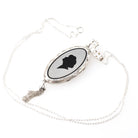 Antique Silhouette Locket - Art Deco Era Sterling Silver Oval Black Enamel Pendant Necklace - Vintage 1920s Female Portrait Tassel Jewelry