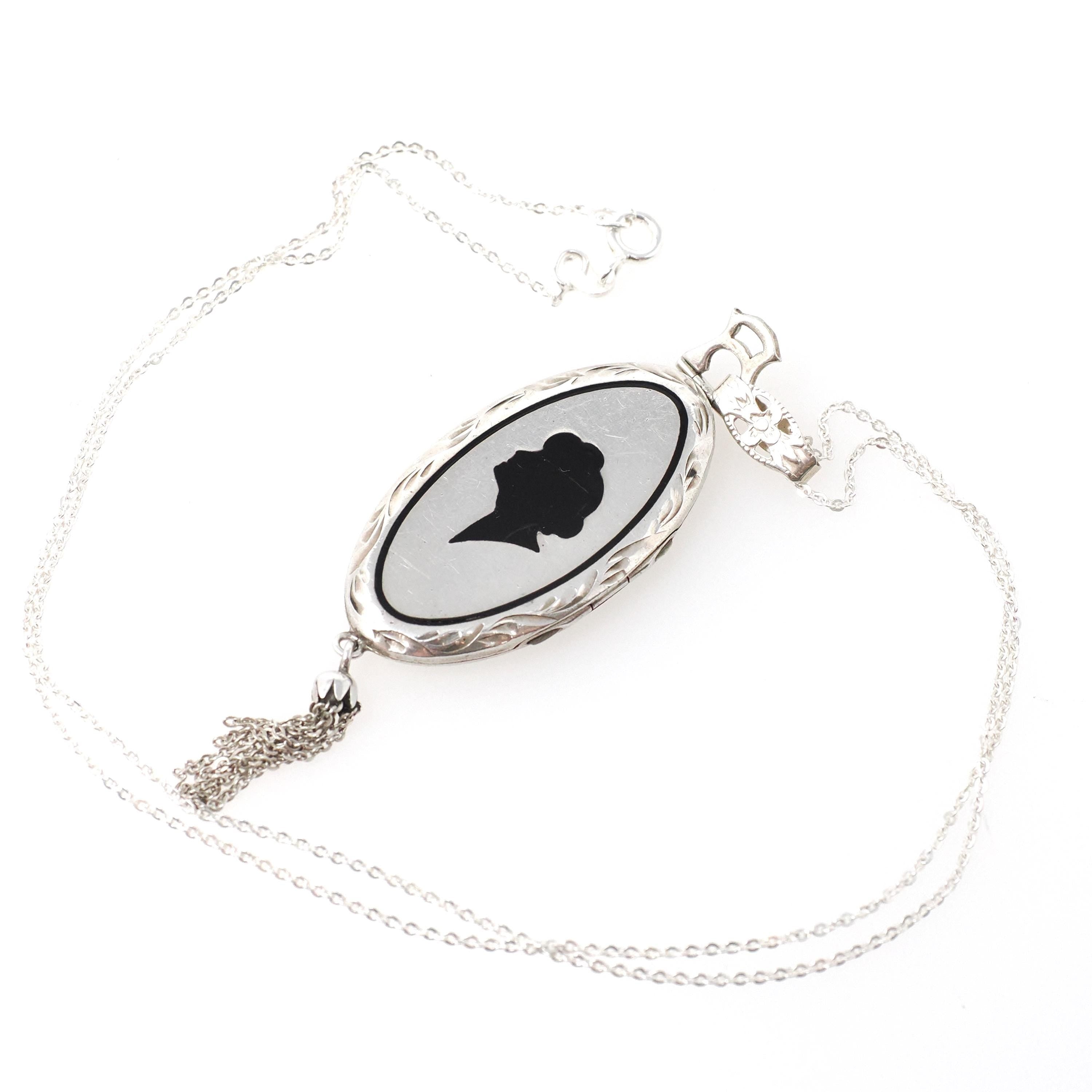 Antique Silhouette Locket - Art Deco Era Sterling Silver Oval Black Enamel Pendant Necklace - Vintage 1920s Female Portrait Tassel Jewelry