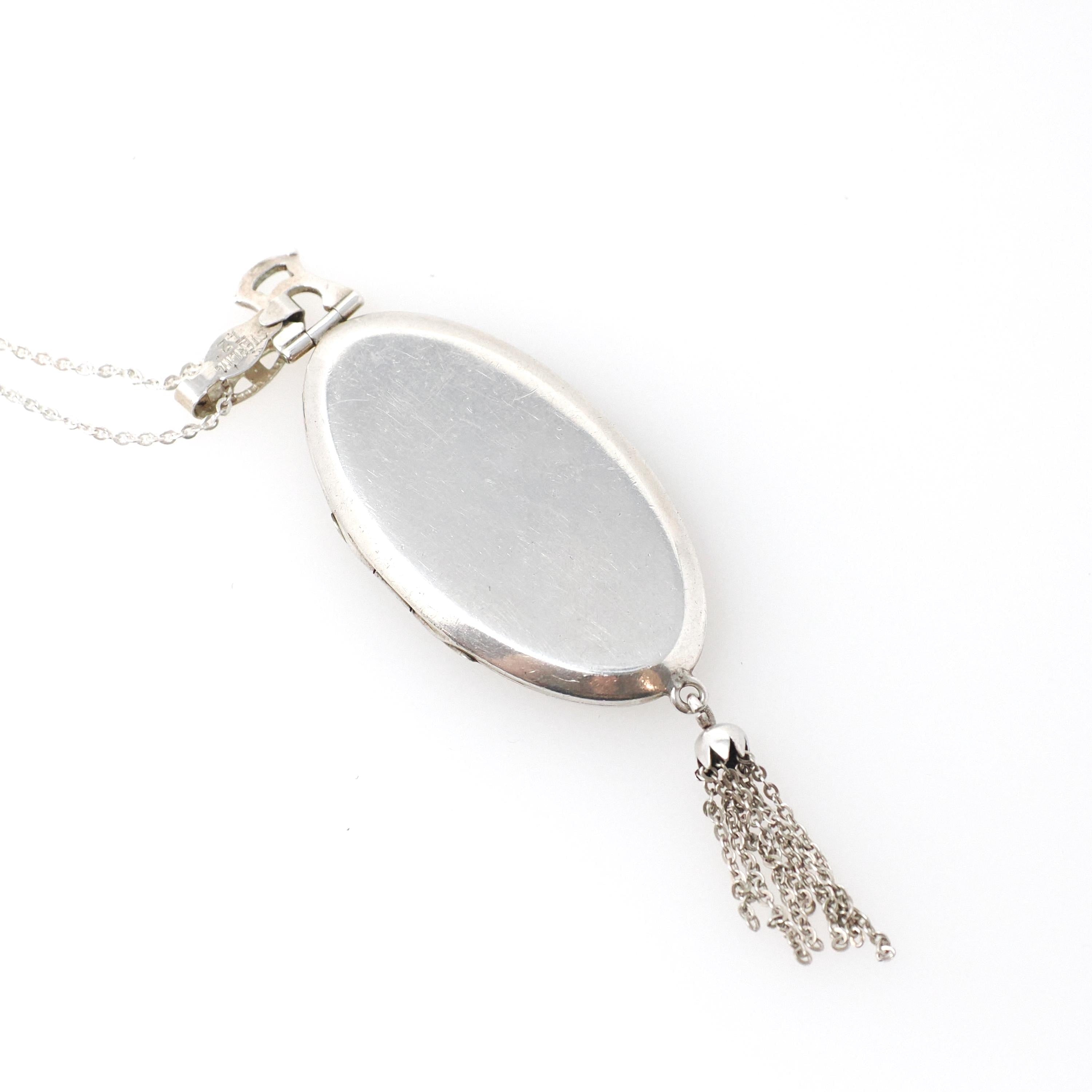 Antique Silhouette Locket - Art Deco Era Sterling Silver Oval Black Enamel Pendant Necklace - Vintage 1920s Female Portrait Tassel Jewelry