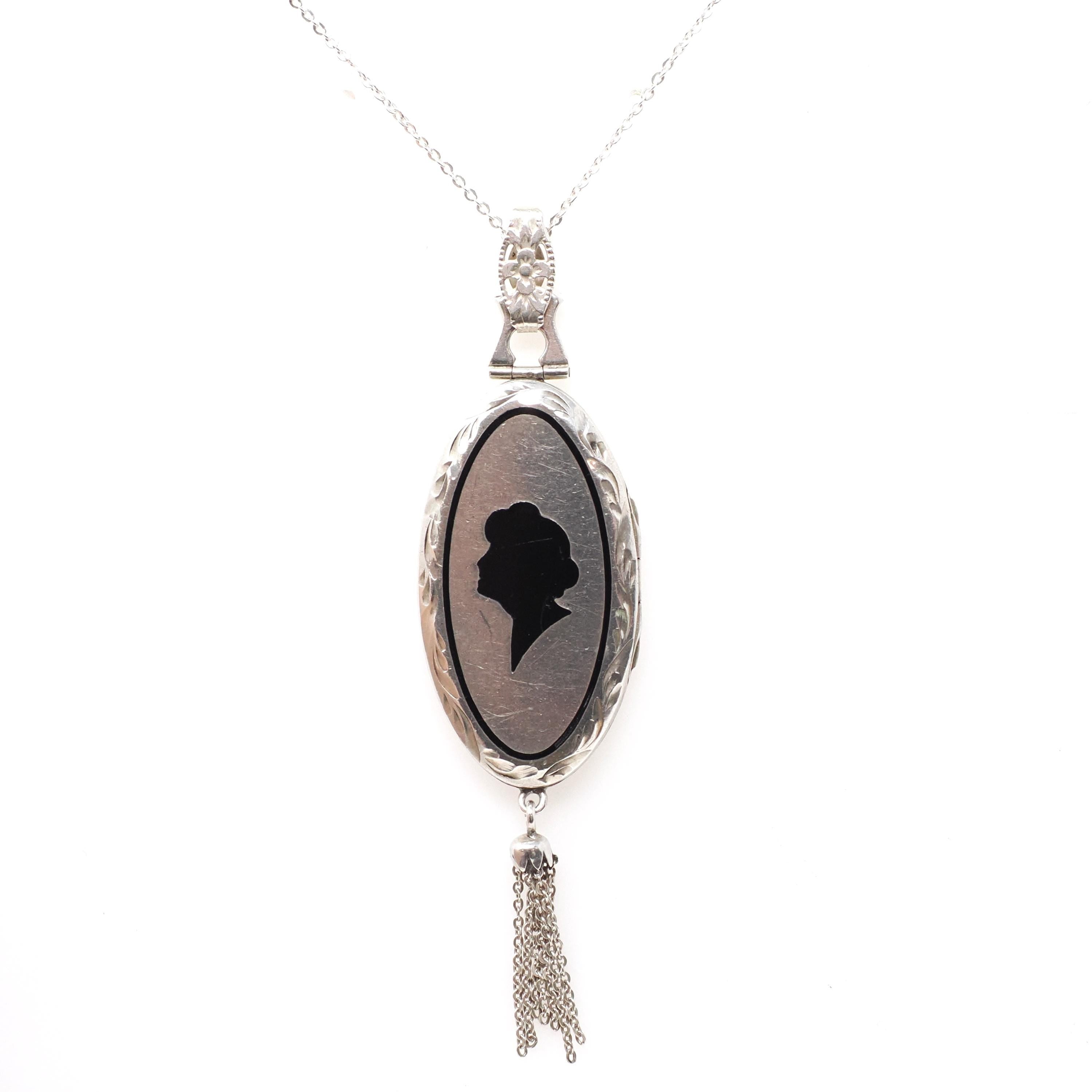 Antique Silhouette Locket - Art Deco Era Sterling Silver Oval Black Enamel Pendant Necklace - Vintage 1920s Female Portrait Tassel Jewelry