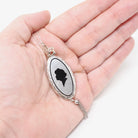 Antique Silhouette Locket - Art Deco Era Sterling Silver Oval Black Enamel Pendant Necklace - Vintage 1920s Female Portrait Tassel Jewelry