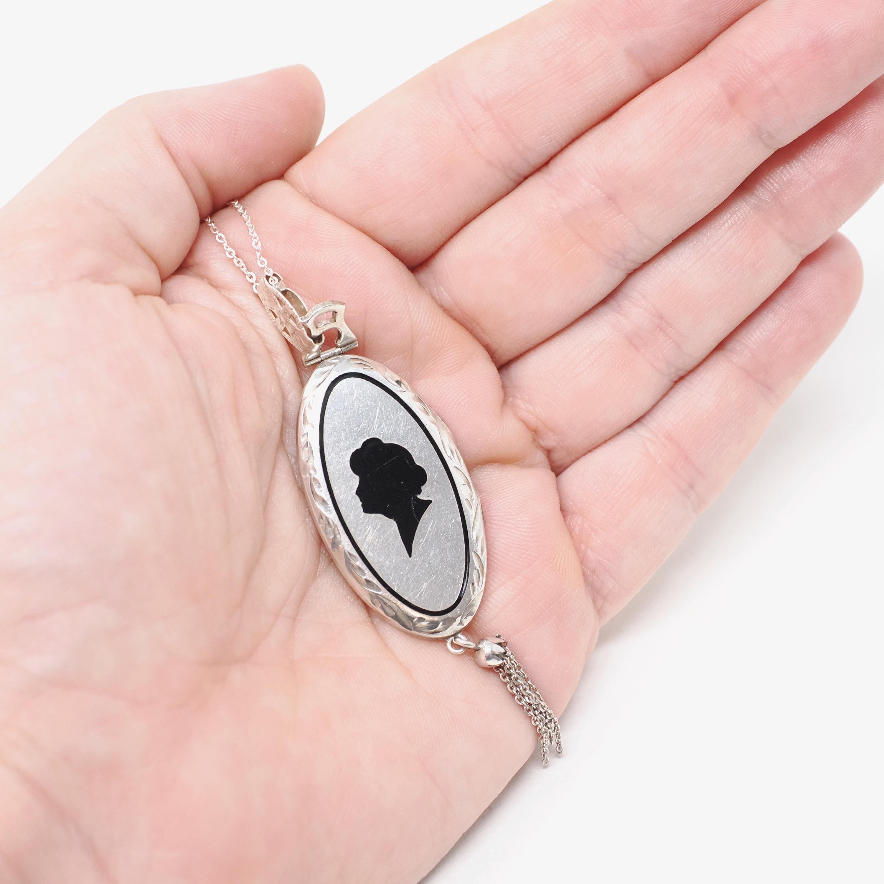Antique Silhouette Locket - Art Deco Era Sterling Silver Oval Black Enamel Pendant Necklace - Vintage 1920s Female Portrait Tassel Jewelry