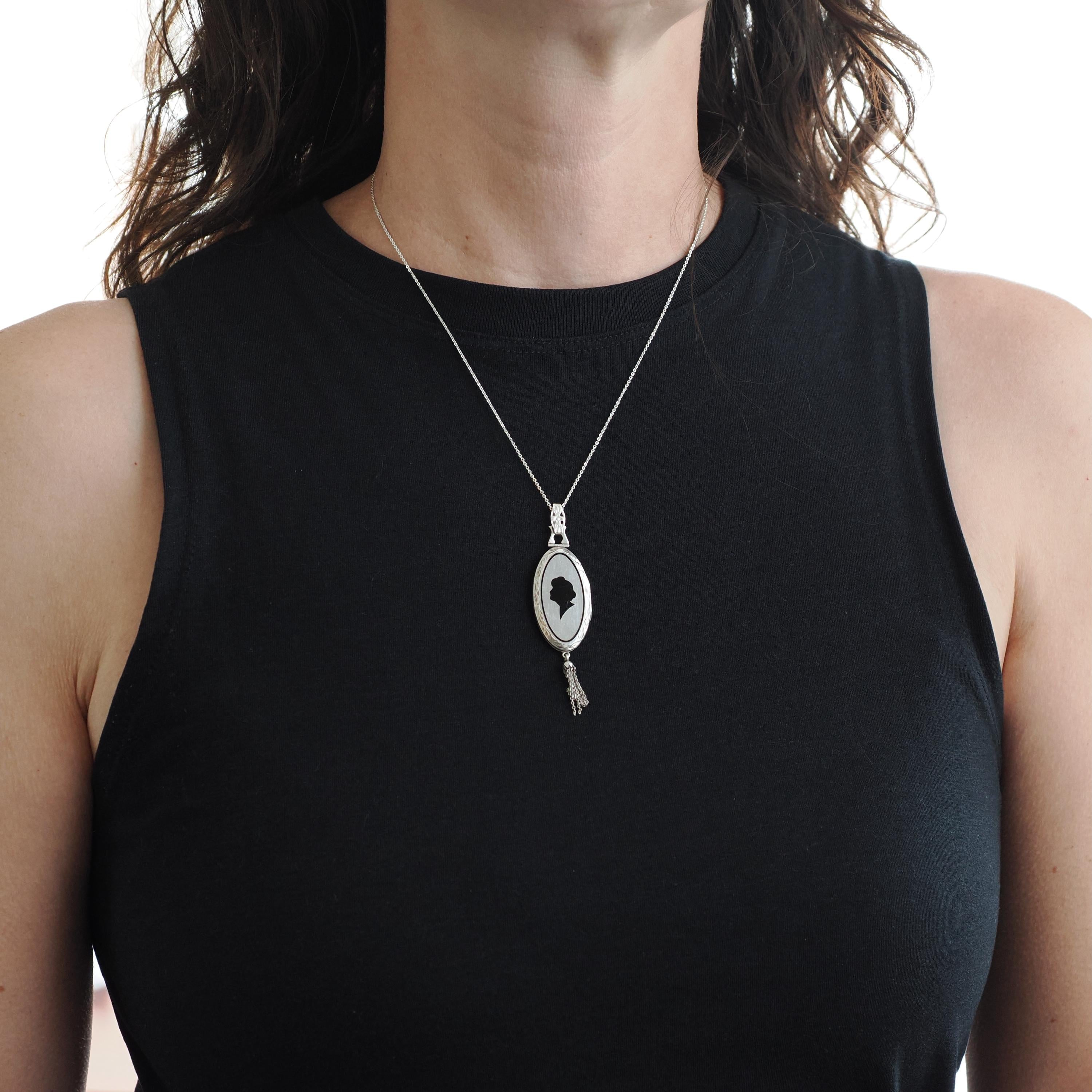 Antique Silhouette Locket - Art Deco Era Sterling Silver Oval Black Enamel Pendant Necklace - Vintage 1920s Female Portrait Tassel Jewelry
