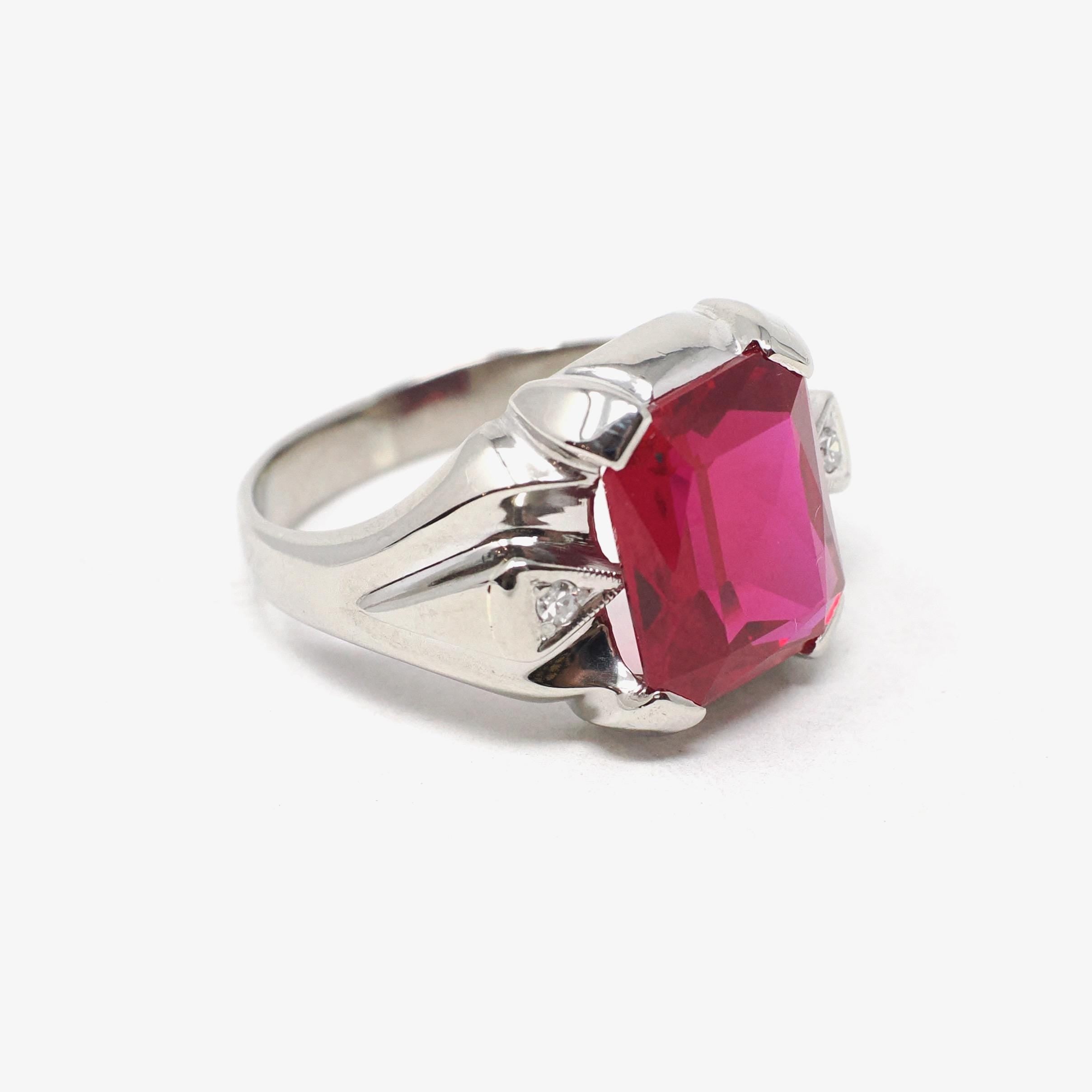 Created Ruby Ring - Vintage 10k White Gold Three Stone Unisex Red Gemstone - Circa 1950s Size 9 Diamond Accent July Birthstone Jewelry