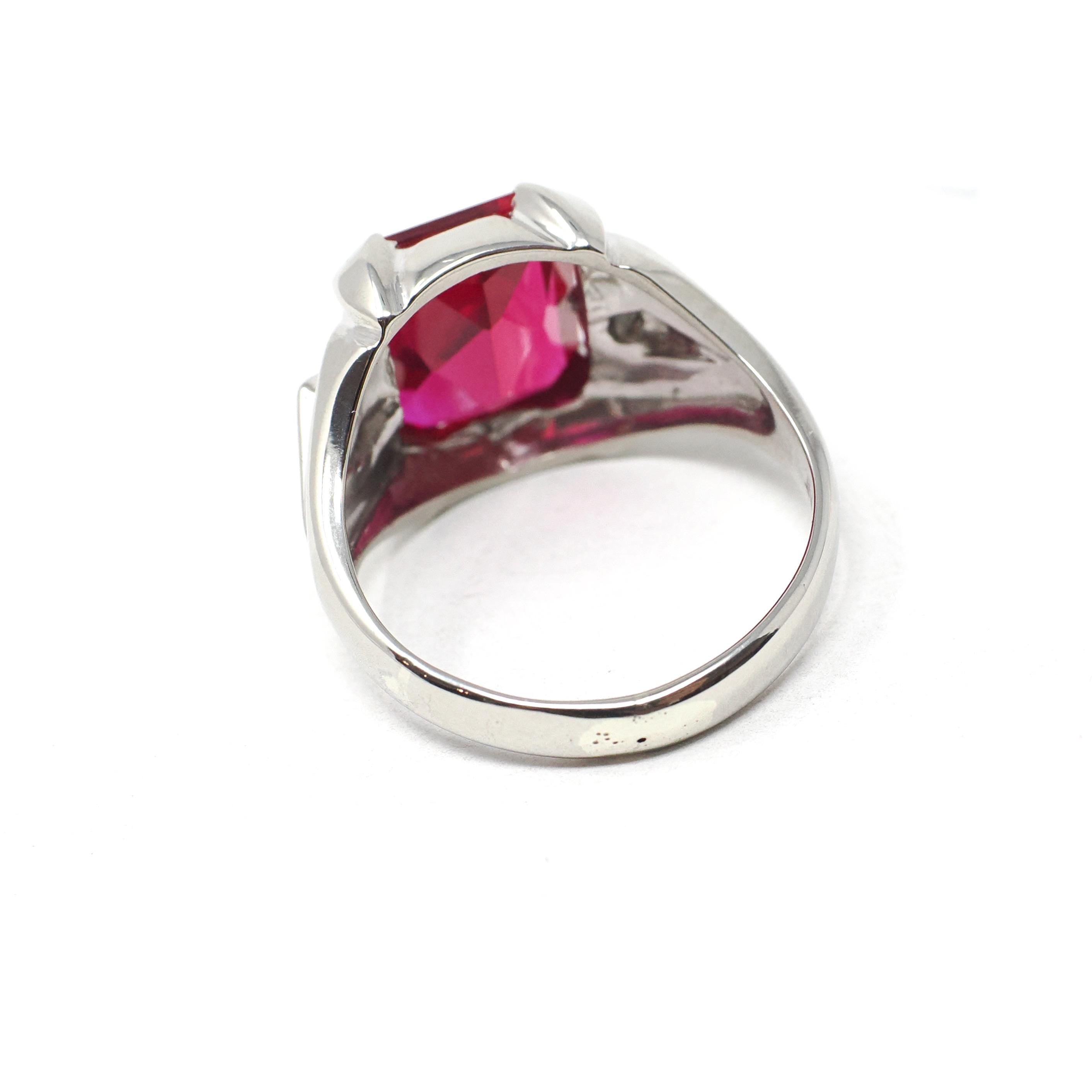 Created Ruby Ring - Vintage 10k White Gold Three Stone Unisex Red Gemstone - Circa 1950s Size 9 Diamond Accent July Birthstone Jewelry