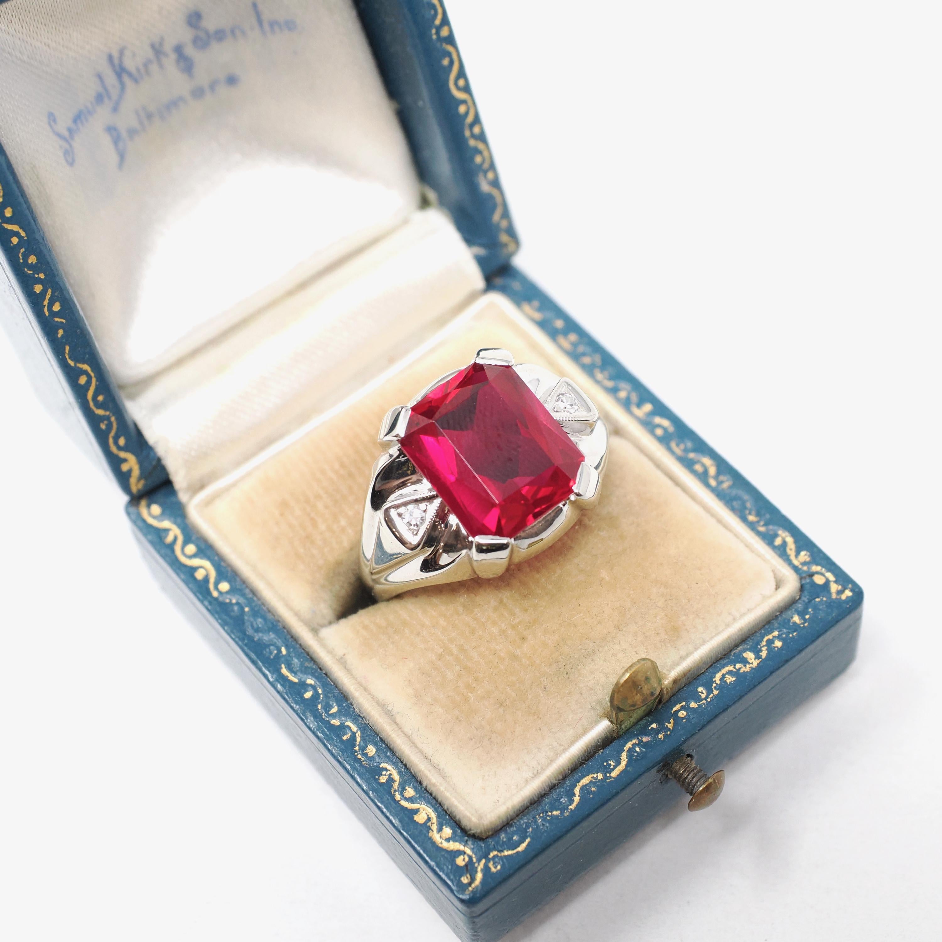 Created Ruby Ring - Vintage 10k White Gold Three Stone Unisex Red Gemstone - Circa 1950s Size 9 Diamond Accent July Birthstone Jewelry