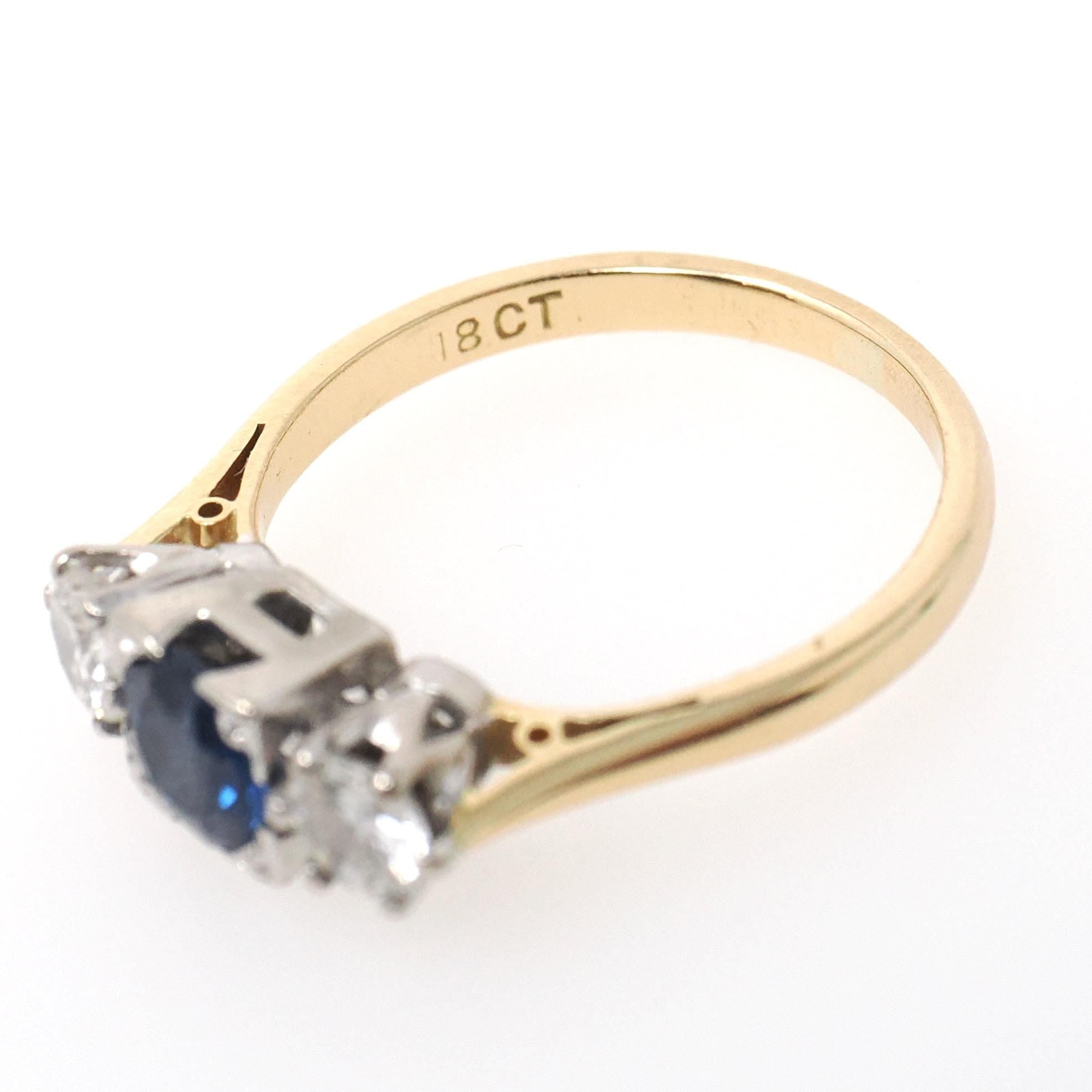 Vintage Sapphire & Diamond Ring - Mid Century 18k Yellow Gold Platinum Natural Three Stone - Circa 1950s Size 5 3/4 Fine Anniversary Jewelry
