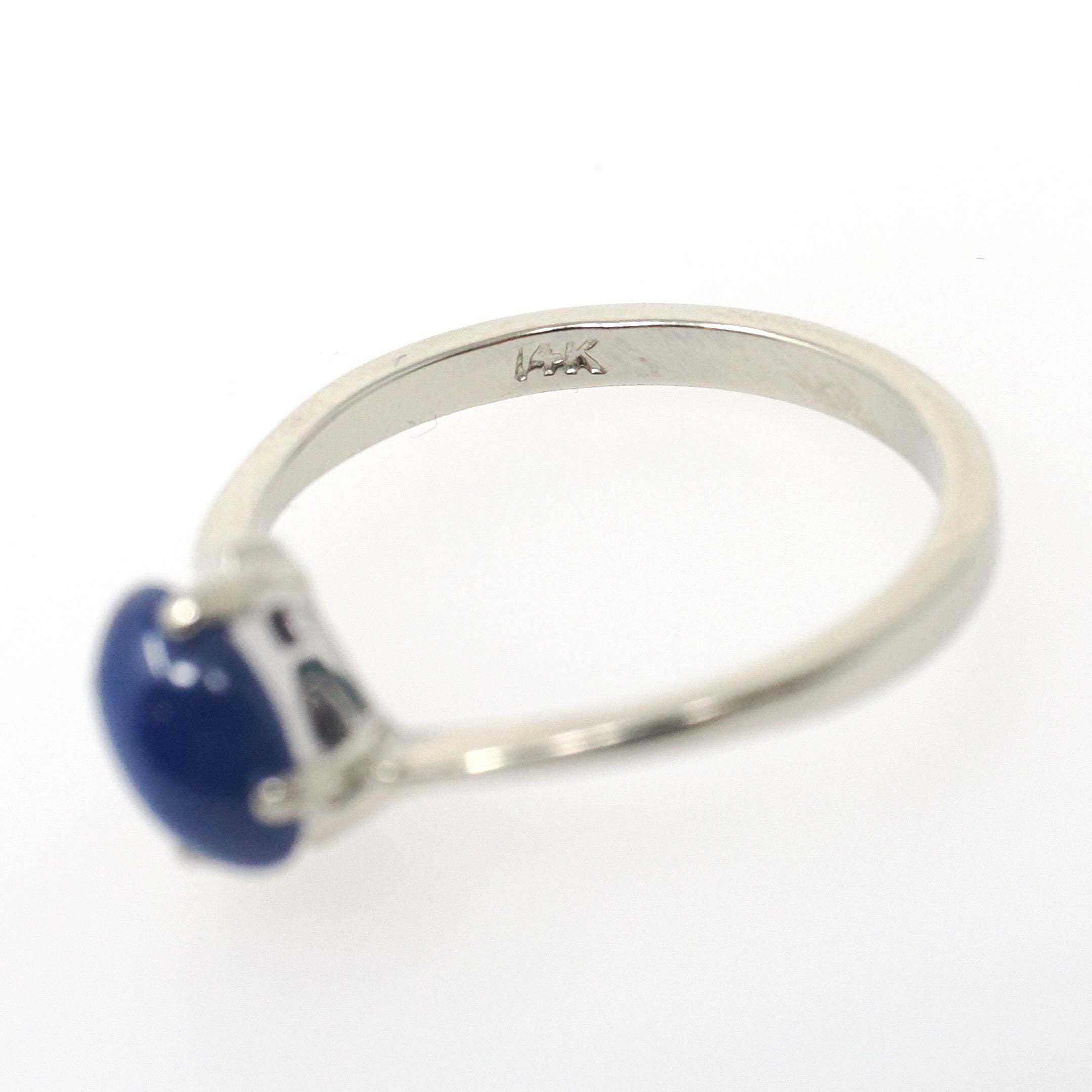 Created Star Sapphire Ring - Modern 14k White Gold Blue Cabochon Bypass Solitaire - Circa 1990s Size 5 1/4 September Birthstone Fine Jewelry