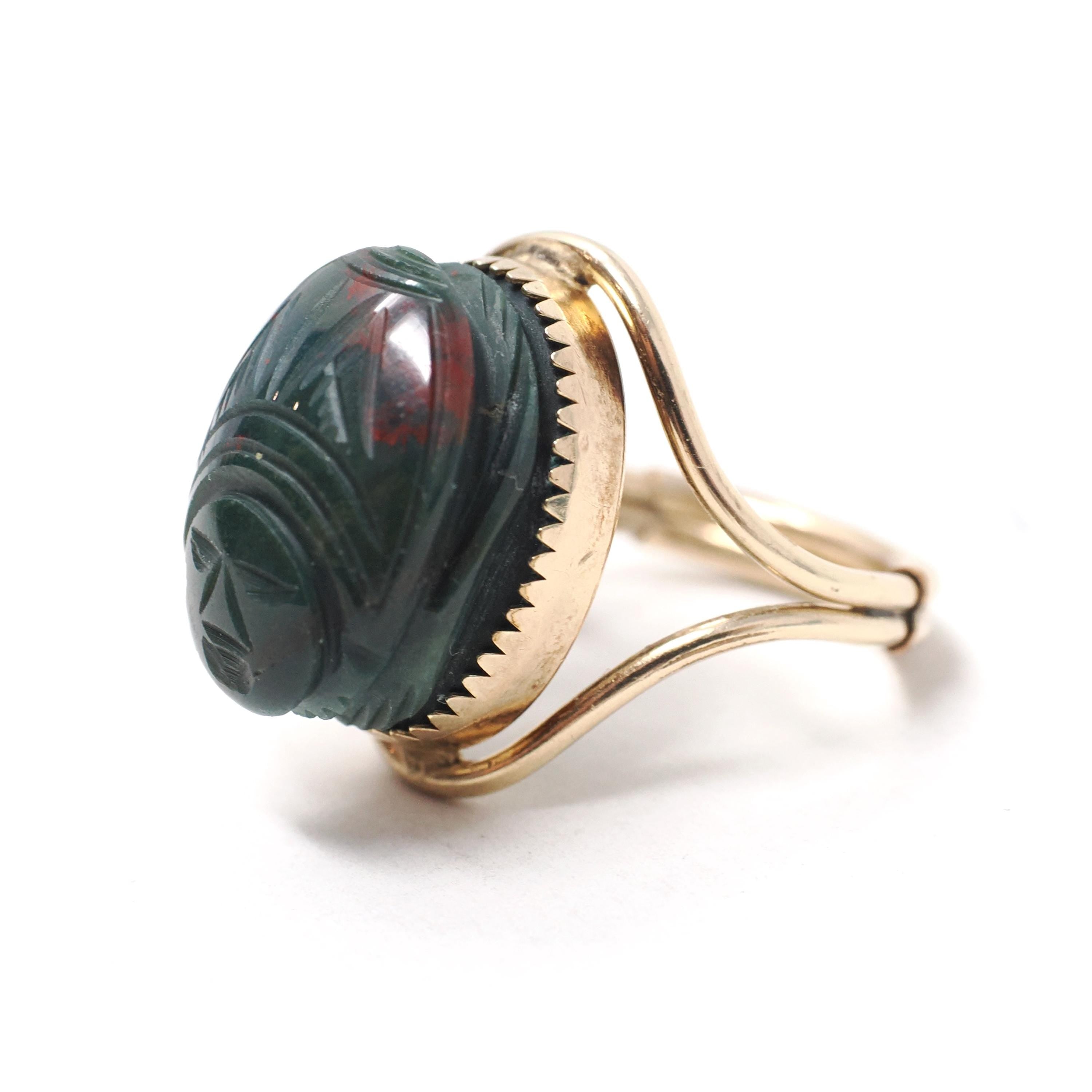 Bloodstone Scarab Ring - Mid Century Gold Filled Carved Natural Green Red Gem - Vintage Circa 1960s Era Size 5 1/4 Egyptian Revival Jewelry