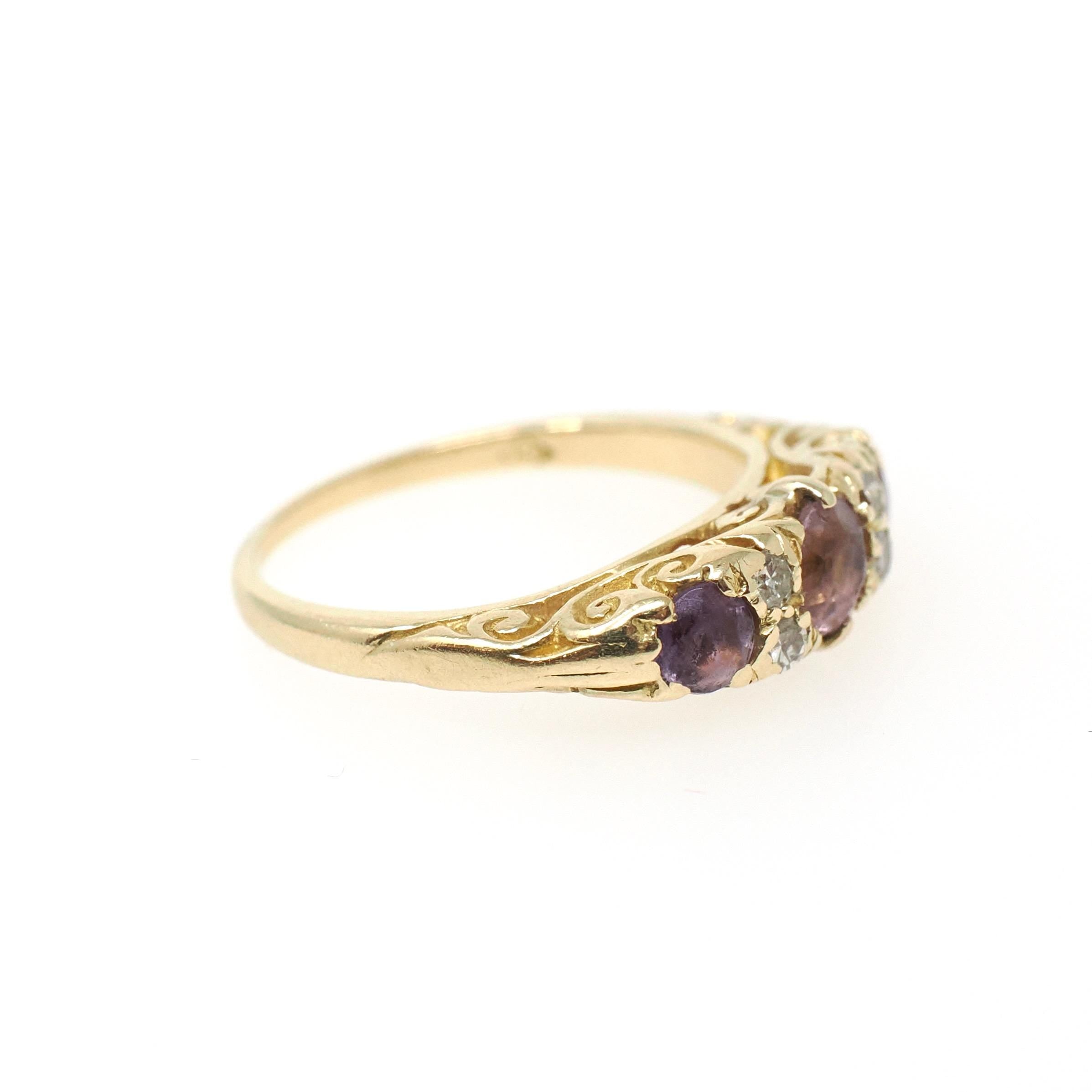 Vintage Amethyst Ring - Mid Century Era 18k Yellow Gold Natural Purple Gemstones - Hallmarked 1960 Size 3 3/4 Diamond Accents Fine Jewelry