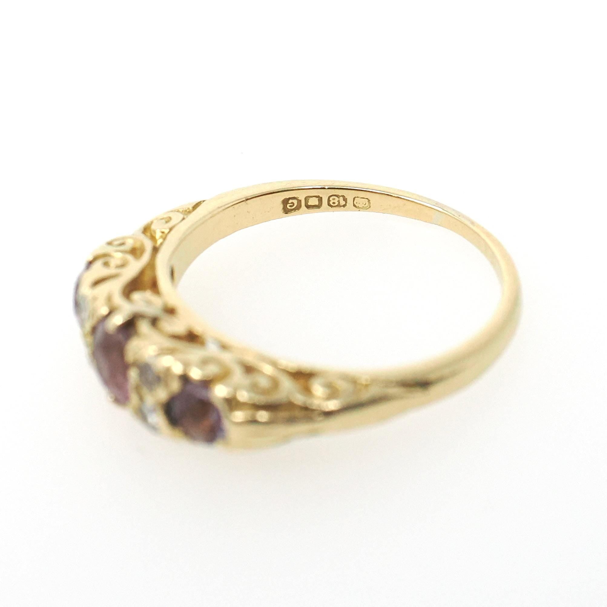 Vintage Amethyst Ring - Mid Century Era 18k Yellow Gold Natural Purple Gemstones - Hallmarked 1960 Size 3 3/4 Diamond Accents Fine Jewelry