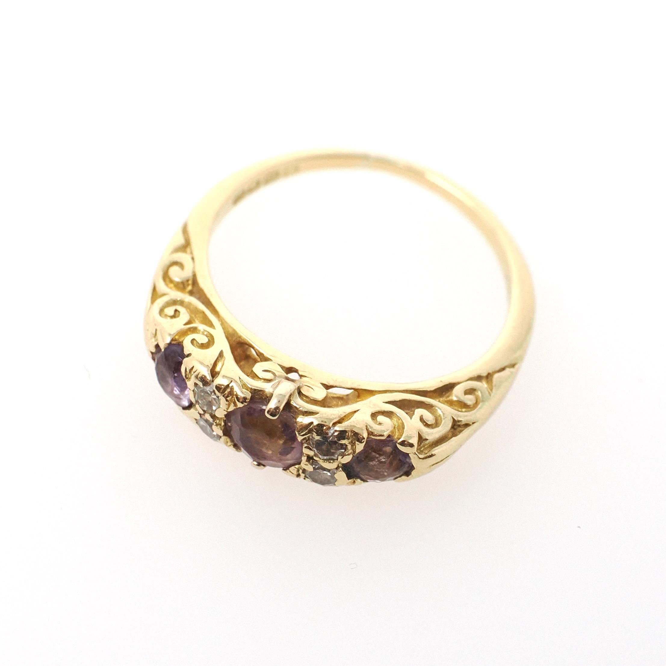 Vintage Amethyst Ring - Mid Century Era 18k Yellow Gold Natural Purple Gemstones - Hallmarked 1960 Size 3 3/4 Diamond Accents Fine Jewelry
