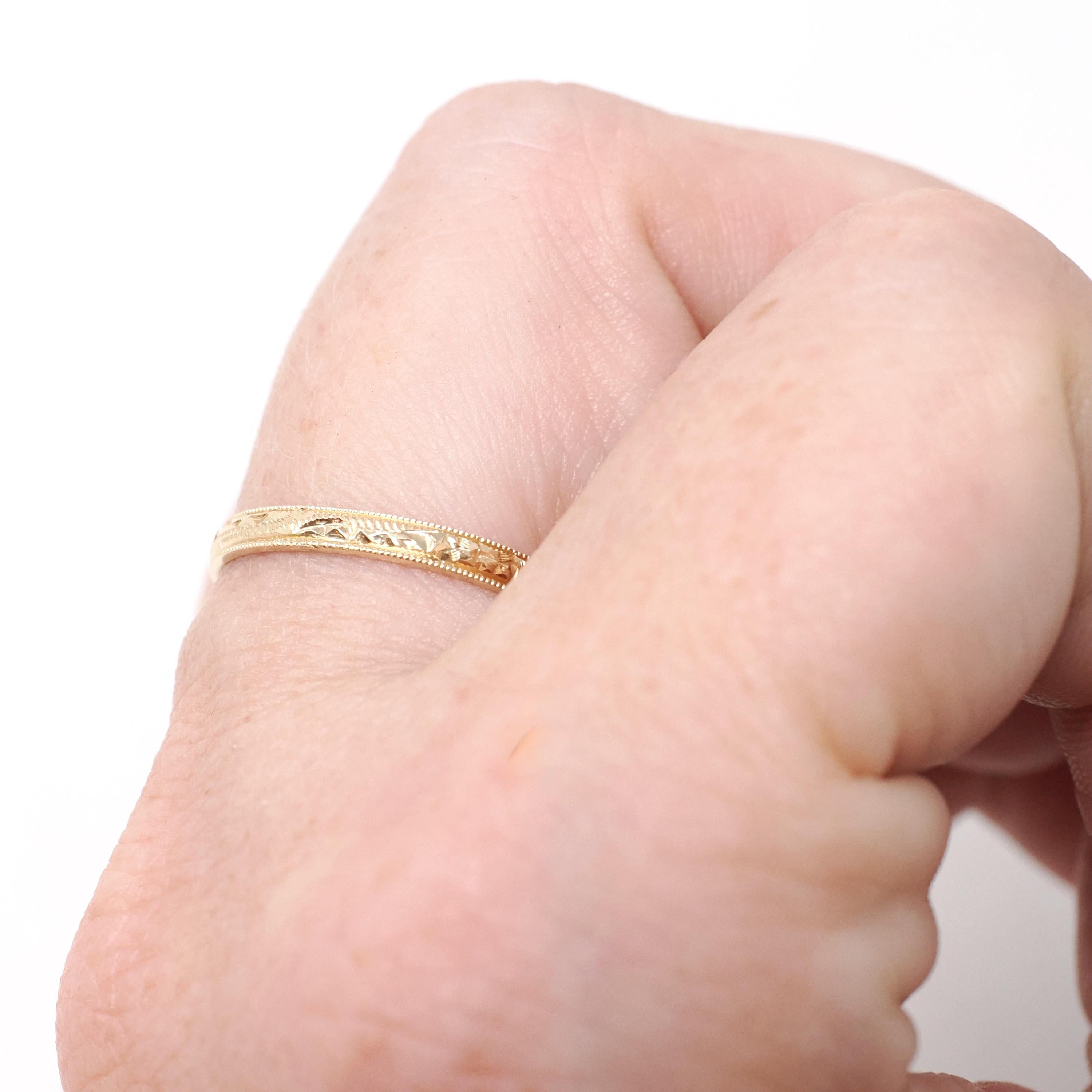 Vintage Flower Band - Estate 14k Yellow Gold 2.1 MM Eternity Wedding Ring - Dated 1986 Era Size 6 3/4 Bridal Stacking Milgrain Fine Jewelry