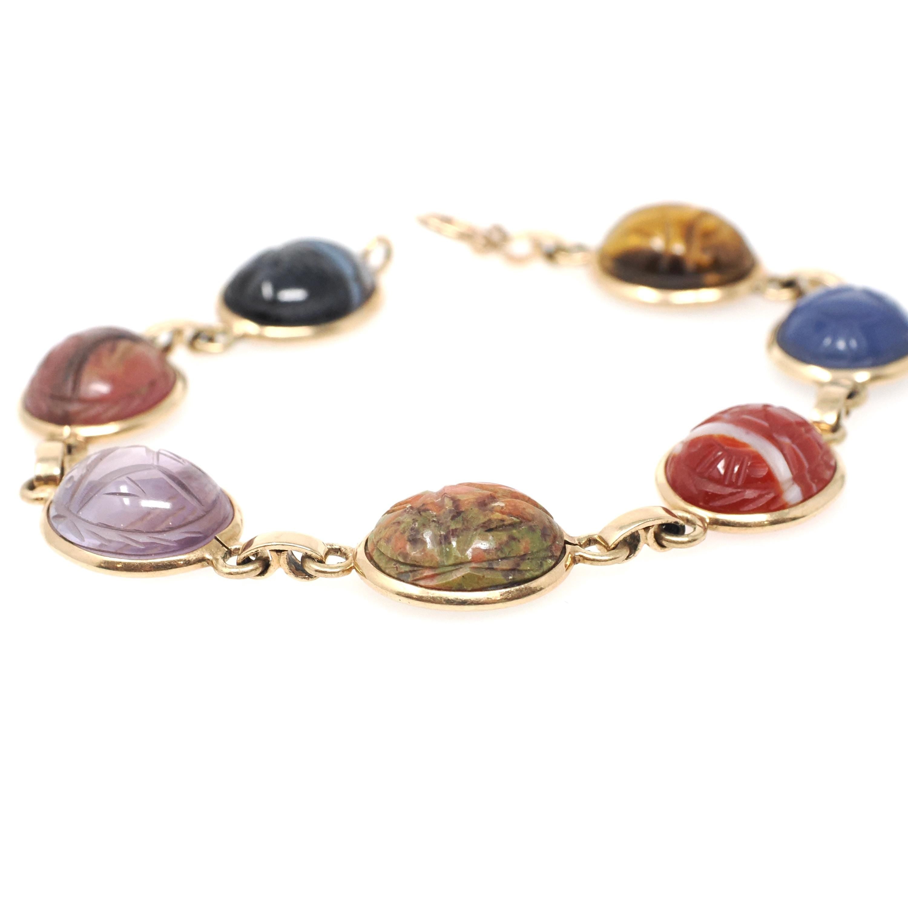 Vintage Scarab Bracelet - Retro 10k Yellow Gold Carved Natural Gemstones - Circa 1960s Era Egyptian Revival Style Panel Statement Jewelry