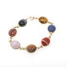 Vintage Scarab Bracelet - Retro 10k Yellow Gold Carved Natural Gemstones - Circa 1960s Era Egyptian Revival Style Panel Statement Jewelry