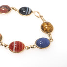 Vintage Scarab Bracelet - Retro 10k Yellow Gold Carved Natural Gemstones - Circa 1960s Era Egyptian Revival Style Panel Statement Jewelry
