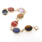 Vintage Scarab Bracelet - Retro 10k Yellow Gold Carved Natural Gemstones - Circa 1960s Era Egyptian Revival Style Panel Statement Jewelry