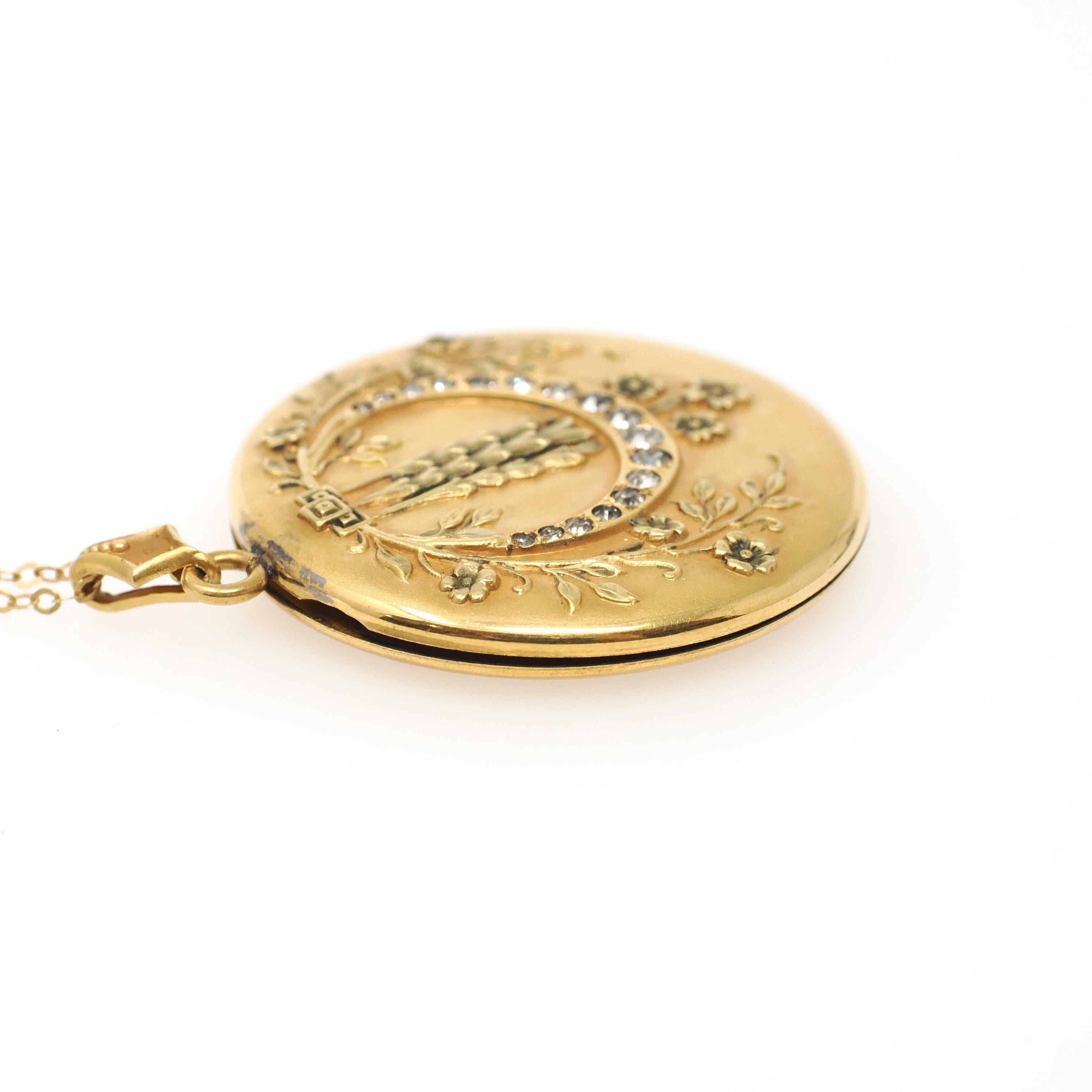 Crescent Moon Locket - Antique Gold Filled Rhinestones Pendant Necklace - Edwardian Era Circa 1900s Celestial Floral Photo Keepsake Jewelry