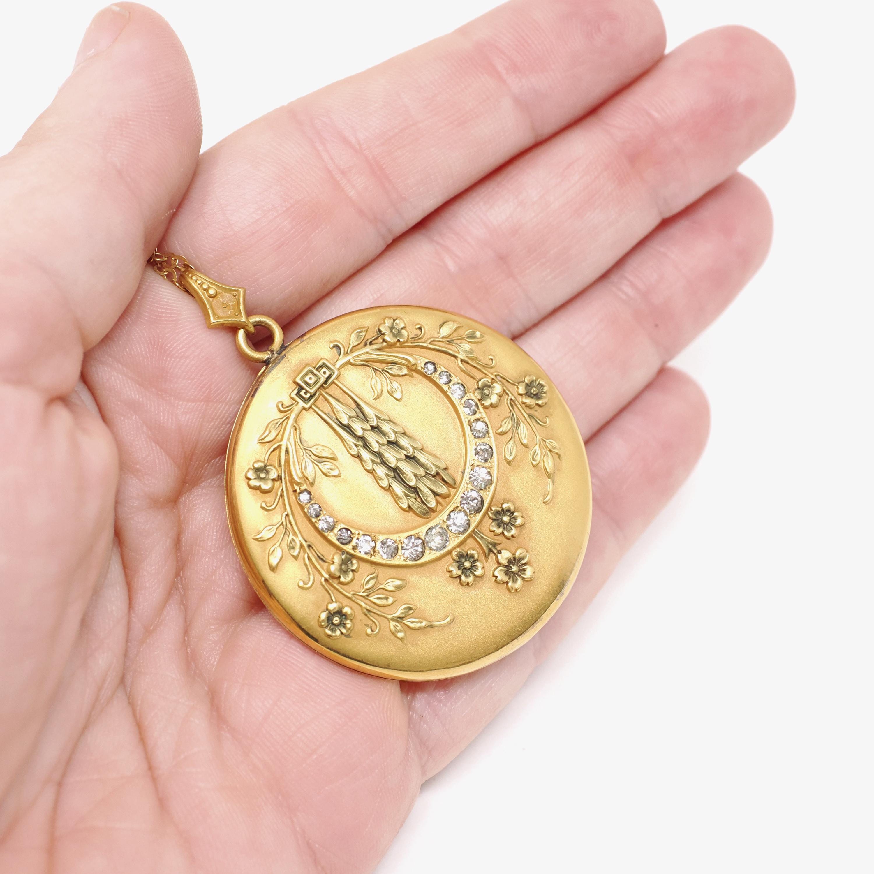 Crescent Moon Locket - Antique Gold Filled Rhinestones Pendant Necklace - Edwardian Era Circa 1900s Celestial Floral Photo Keepsake Jewelry
