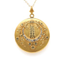 Crescent Moon Locket - Antique Gold Filled Rhinestones Pendant Necklace - Edwardian Era Circa 1900s Celestial Floral Photo Keepsake Jewelry