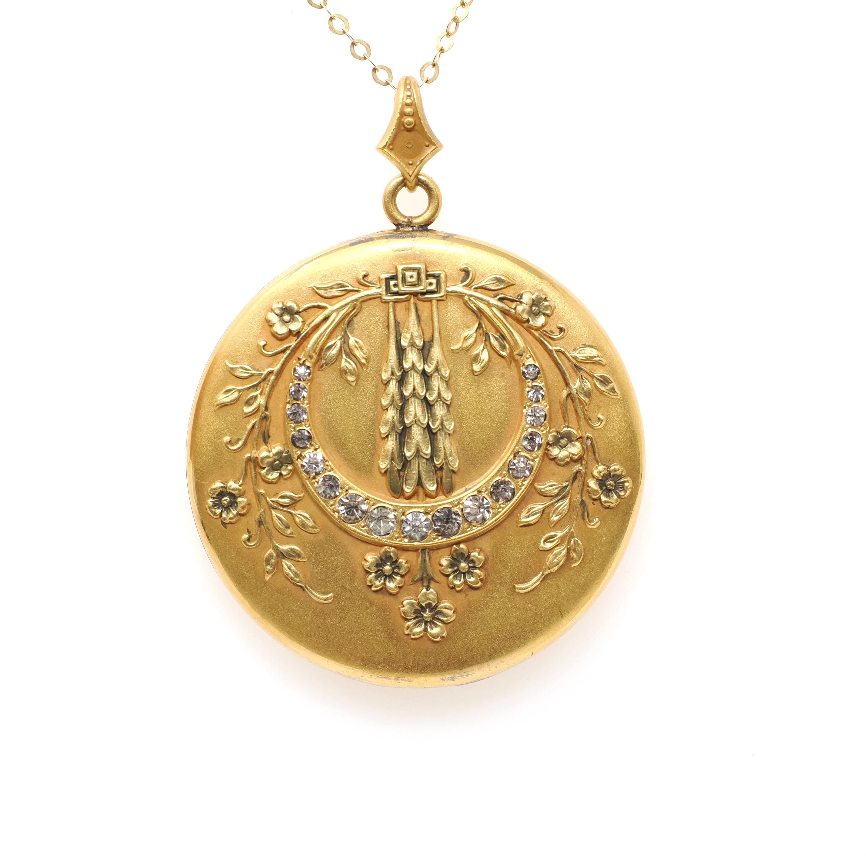 Crescent Moon Locket - Antique Gold Filled Rhinestones Pendant Necklace - Edwardian Era Circa 1900s Celestial Floral Photo Keepsake Jewelry