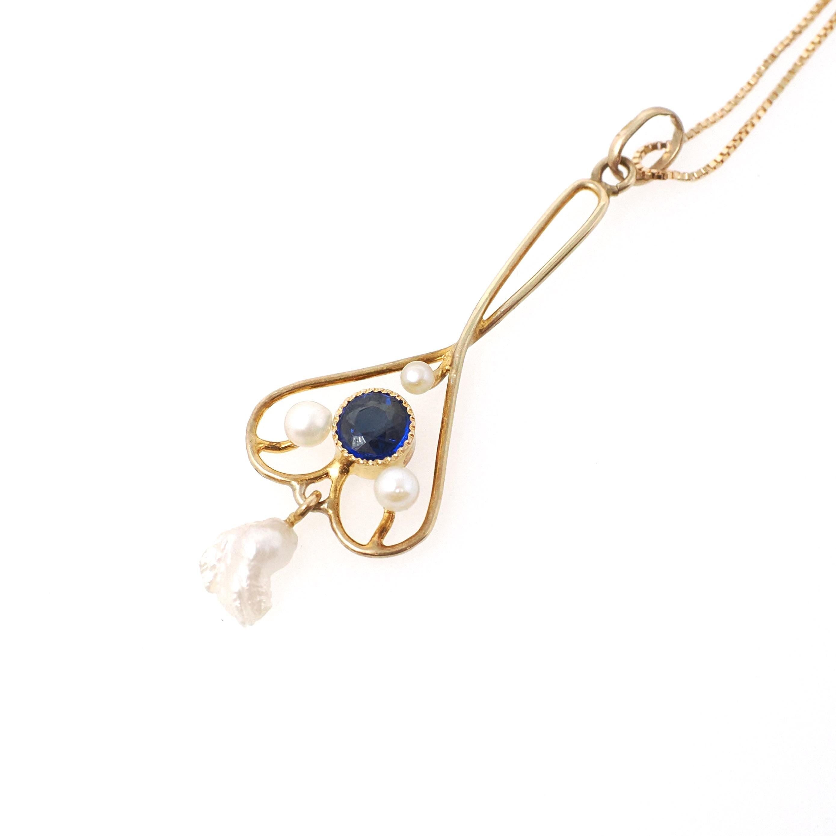 Vintage Lavalier Necklace - Edwardian 10k Yellow Gold Baroque Pearl Pendant Charm - Antique Circa 1910s Garnet Glass Doublet Fine Jewelry