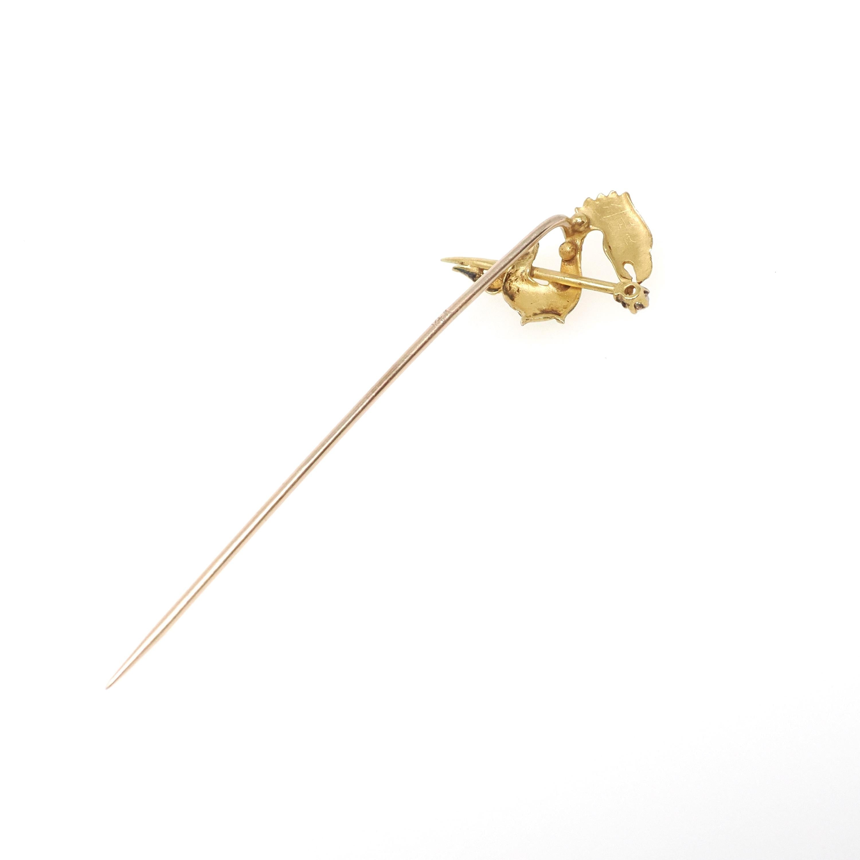 Antique Dragon Stick Pin - Edwardian 14k Yellow Gold Old European Cut Diamond - Vintage 1900s Winged Serpent Mythological Creature Jewelry