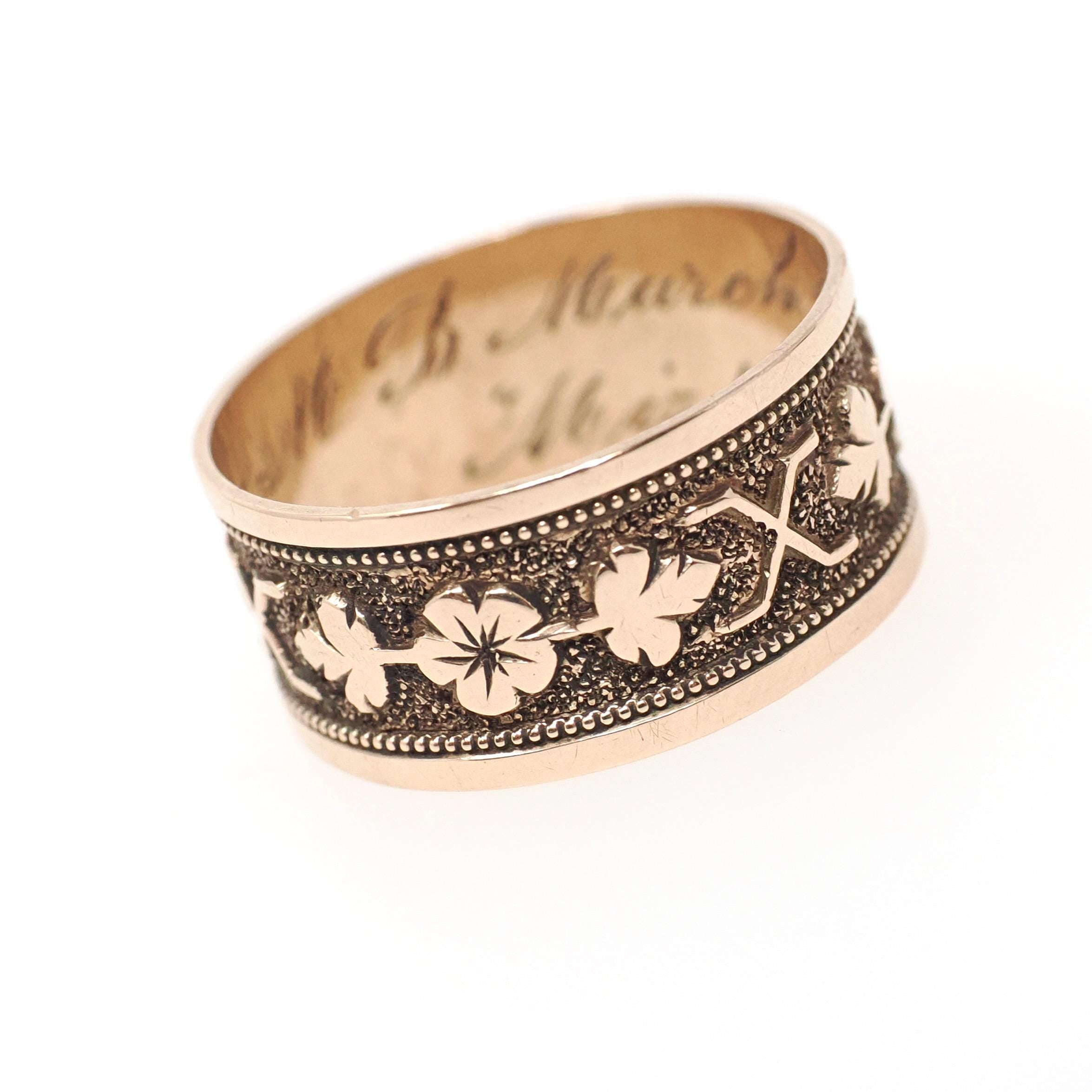 Antique Cigar Band - Victorian 10k Yellow Gold Nature Inspired Design Leaf Flower Wide Ring - Dated 1876 Size 7 Mizpah Unisex Fine Jewelry