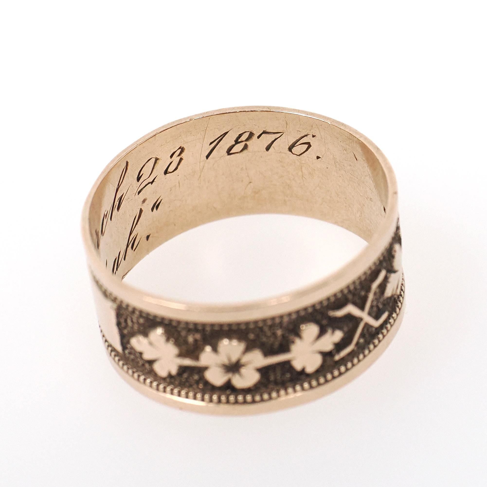 Antique Cigar Band - Victorian 10k Yellow Gold Nature Inspired Design Leaf Flower Wide Ring - Dated 1876 Size 7 Mizpah Unisex Fine Jewelry