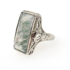 Vintage Moss Agate Ring - Art Deco 14k White Gold Natural Green Clear Gemstone - Vintage 1930s Size 5 1/2 Filigree Rectangular Fine Jewelry