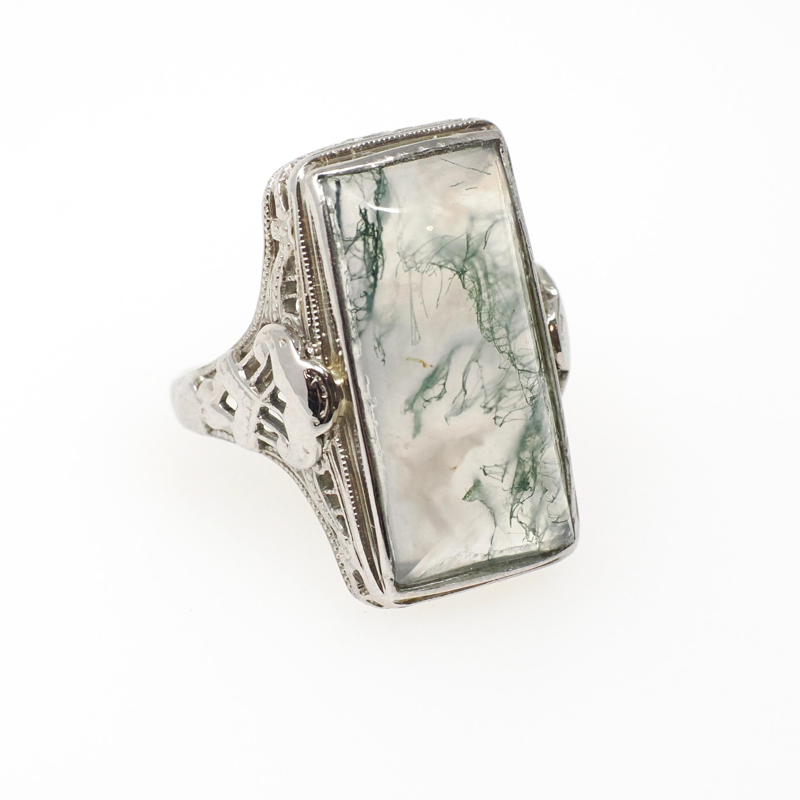 Vintage Moss Agate Ring - Art Deco 14k White Gold Natural Green Clear Gemstone - Vintage 1930s Size 5 1/2 Filigree Rectangular Fine Jewelry