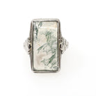 Vintage Moss Agate Ring - Art Deco 14k White Gold Natural Green Clear Gemstone - Vintage 1930s Size 5 1/2 Filigree Rectangular Fine Jewelry