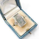 Vintage Moss Agate Ring - Art Deco 14k White Gold Natural Green Clear Gemstone - Vintage 1930s Size 5 1/2 Filigree Rectangular Fine Jewelry