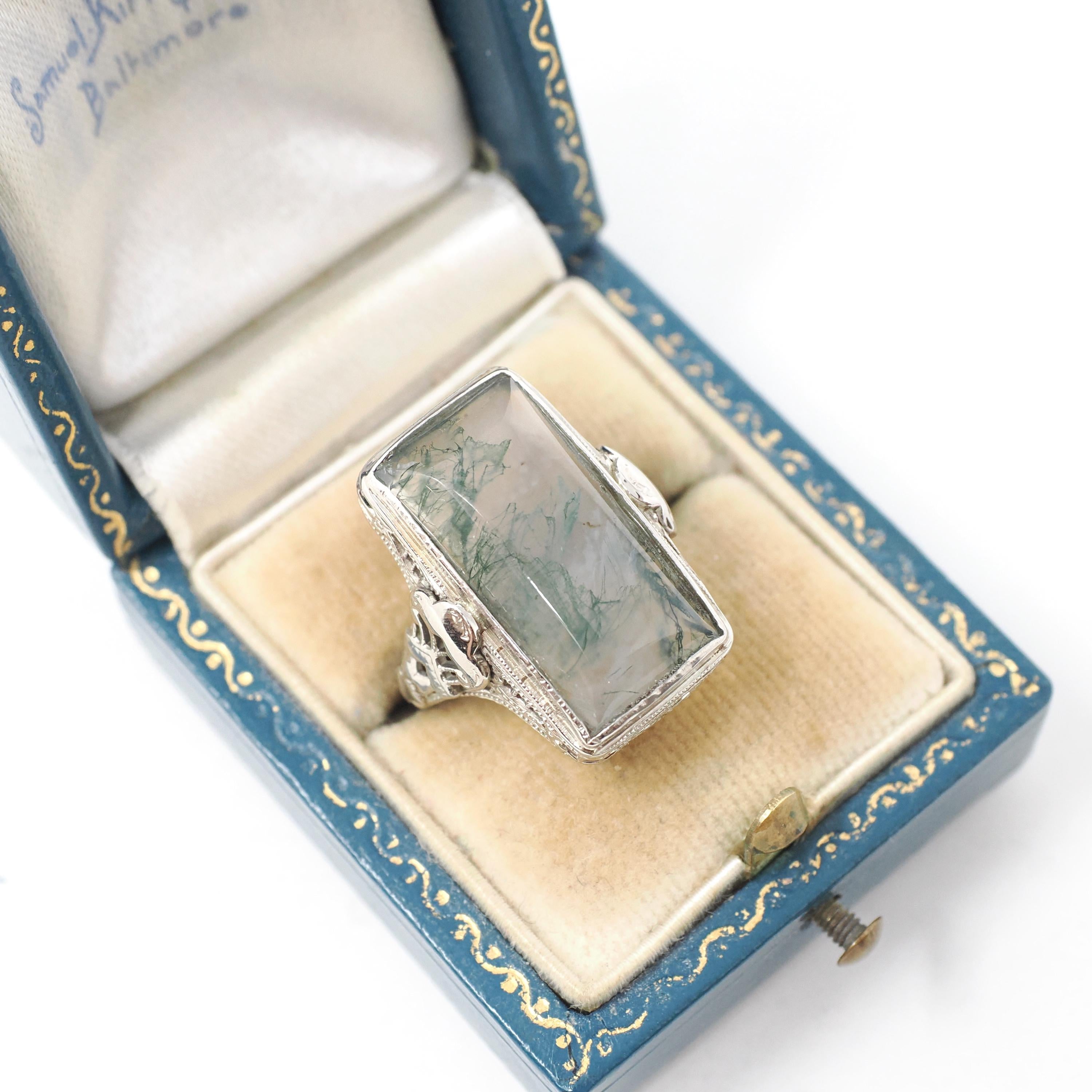 Vintage Moss Agate Ring - Art Deco 14k White Gold Natural Green Clear Gemstone - Vintage 1930s Size 5 1/2 Filigree Rectangular Fine Jewelry