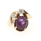 Vintage Star Ruby Ring - Modernist 14k Yellow Gold Cabochon Cut Natural Diamond Gemstones - Circa 1970s Era Size 4 Celestial Fine Jewelry