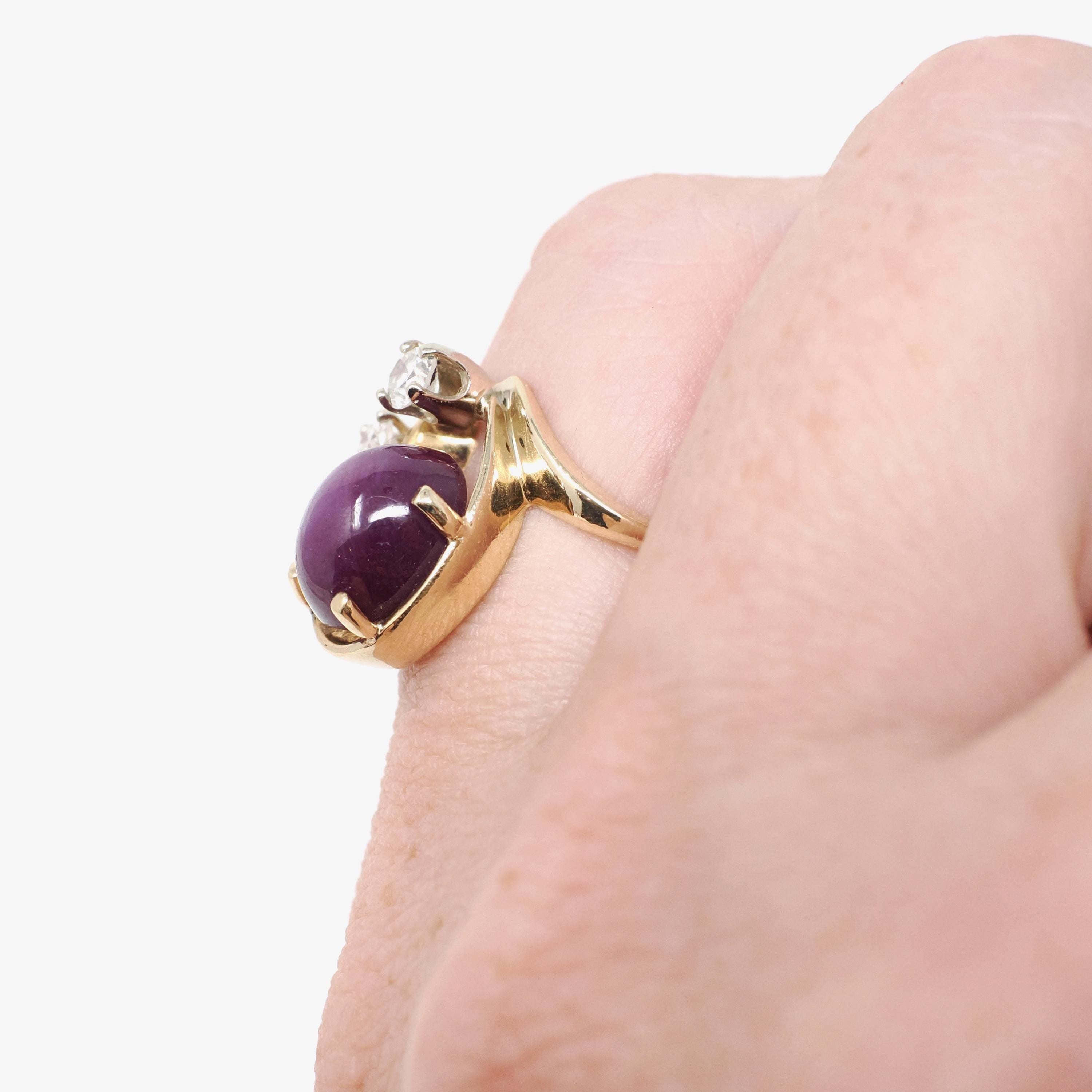 Vintage Star Ruby Ring - Modernist 14k Yellow Gold Cabochon Cut Natural Diamond Gemstones - Circa 1970s Era Size 4 Celestial Fine Jewelry