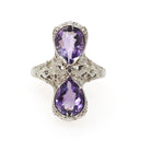 Amethyst Hourglass Ring - Art Deco Era 14k White Gold Natural Purple Pear Cut Gemstones - Vintage 1930s Size 6 1/4 Fine Bow Filigree Jewelry