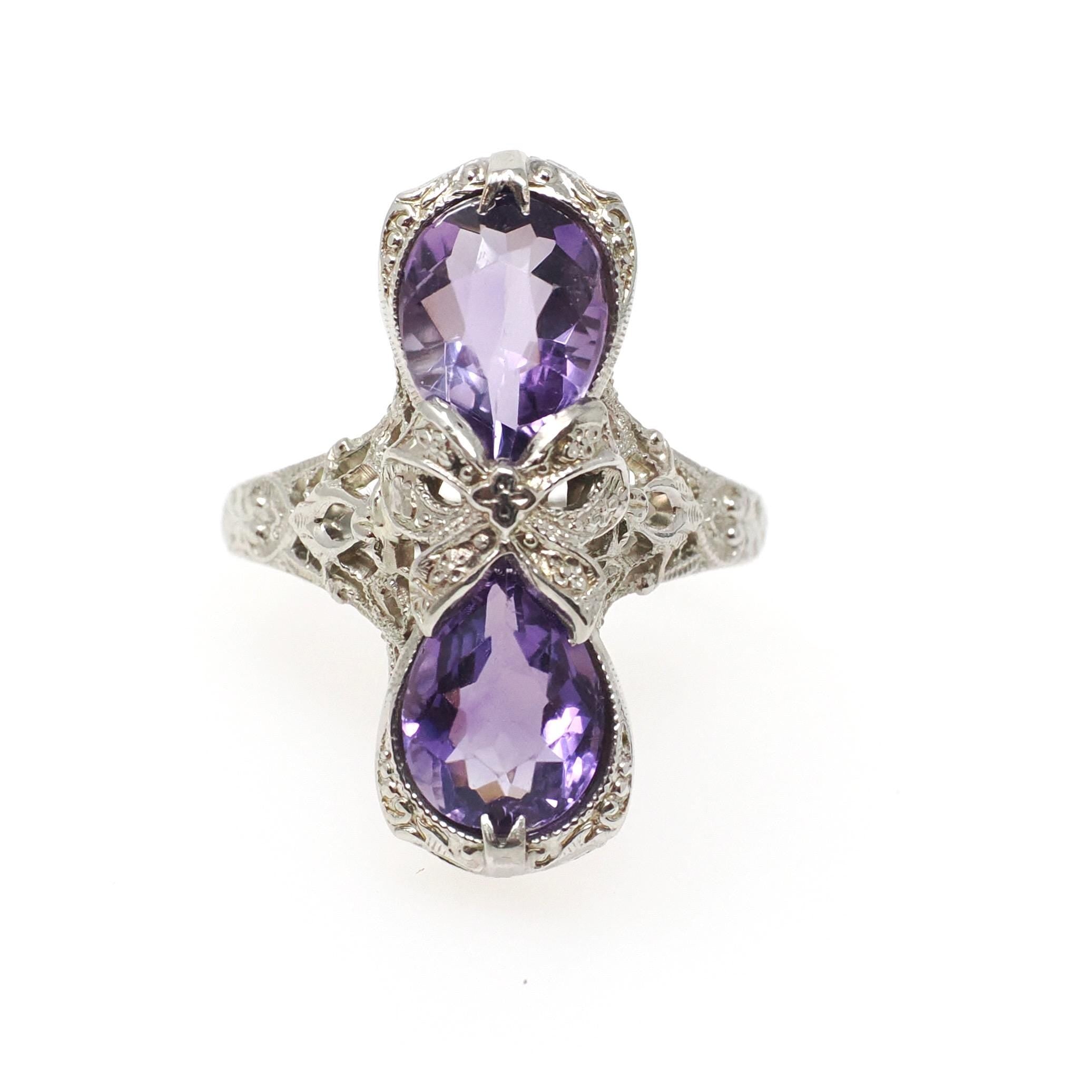 Amethyst Hourglass Ring - Art Deco Era 14k White Gold Natural Purple Pear Cut Gemstones - Vintage 1930s Size 6 1/4 Fine Bow Filigree Jewelry