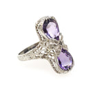 Amethyst Hourglass Ring - Art Deco Era 14k White Gold Natural Purple Pear Cut Gemstones - Vintage 1930s Size 6 1/4 Fine Bow Filigree Jewelry