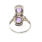 Amethyst Hourglass Ring - Art Deco Era 14k White Gold Natural Purple Pear Cut Gemstones - Vintage 1930s Size 6 1/4 Fine Bow Filigree Jewelry