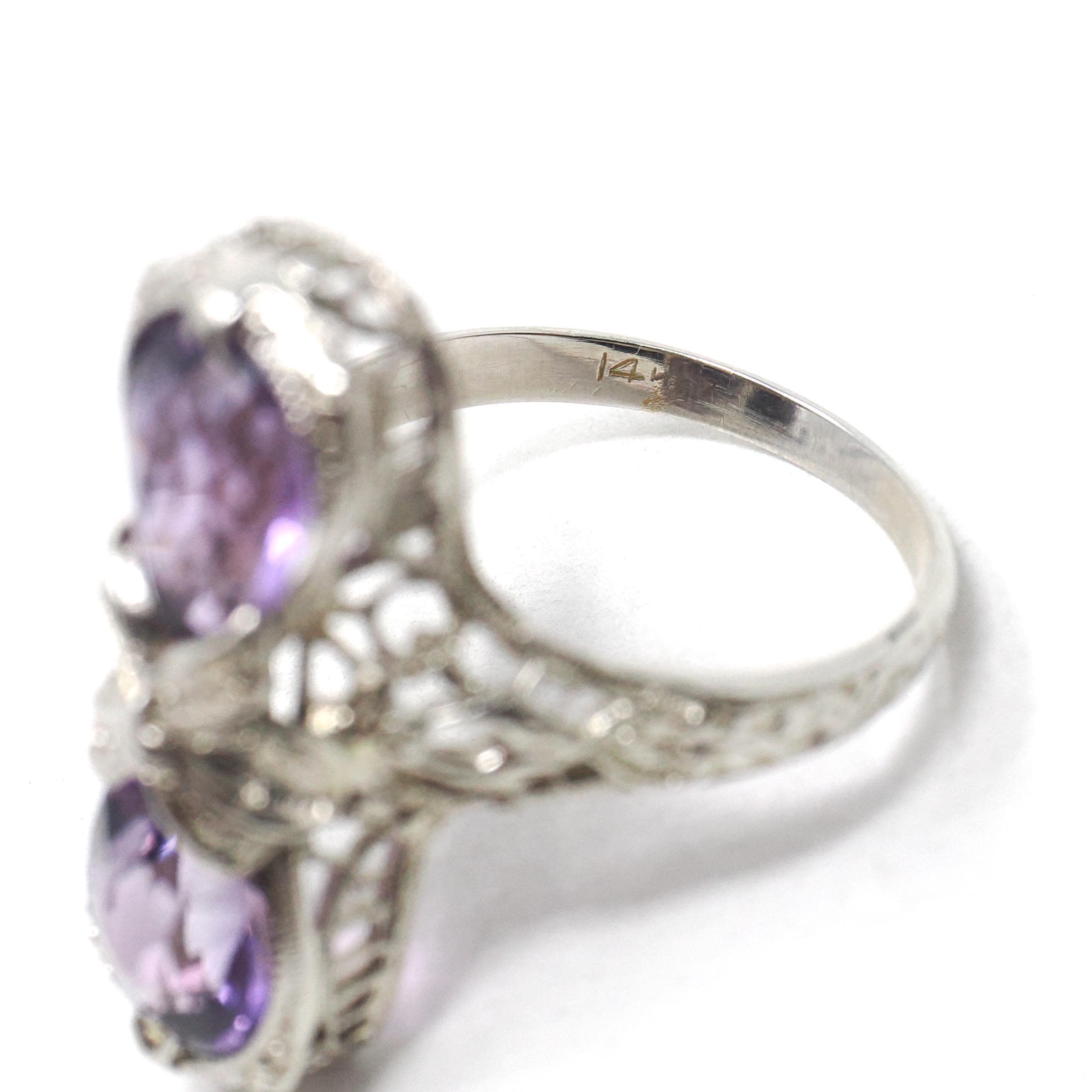 Amethyst Hourglass Ring - Art Deco Era 14k White Gold Natural Purple Pear Cut Gemstones - Vintage 1930s Size 6 1/4 Fine Bow Filigree Jewelry