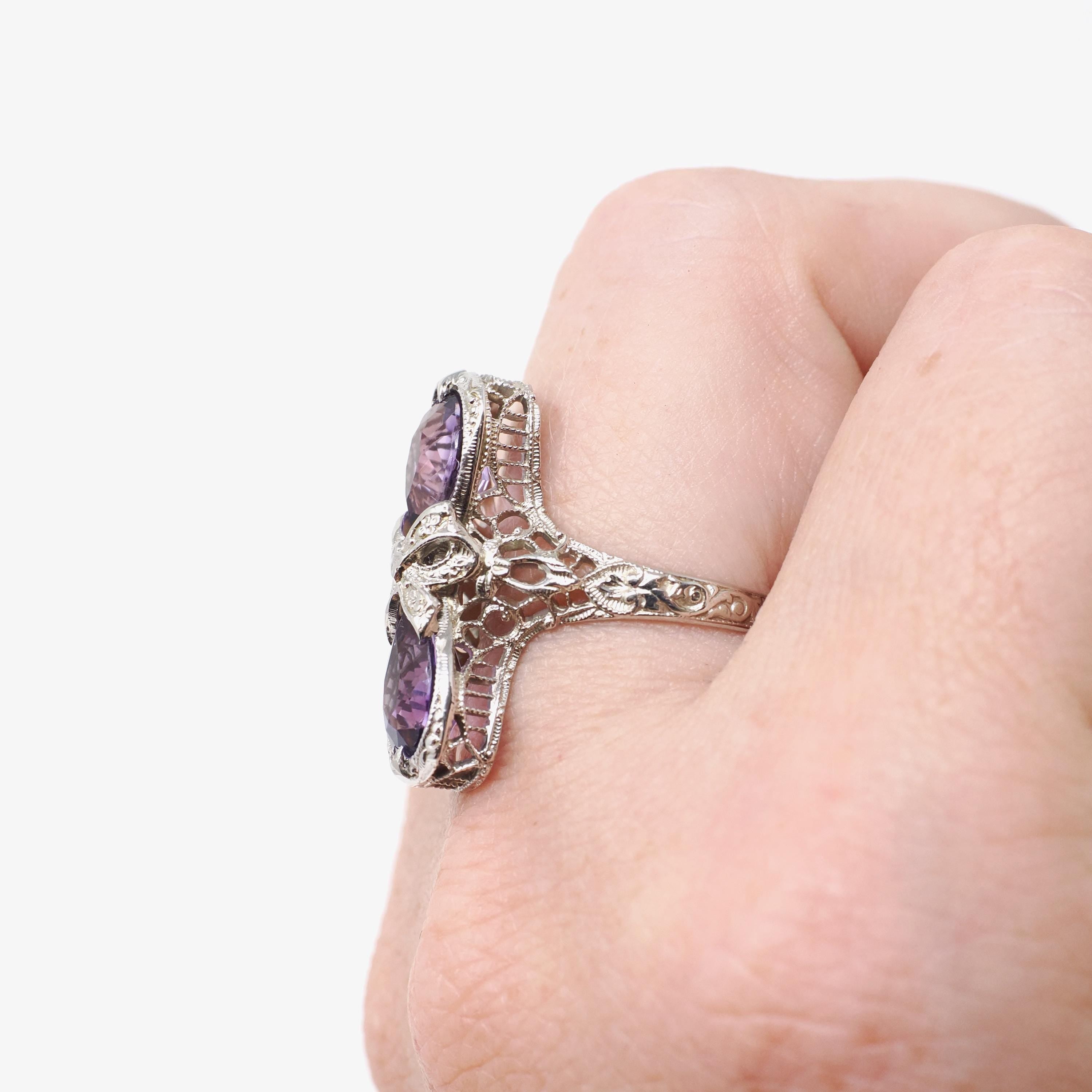 Amethyst Hourglass Ring - Art Deco Era 14k White Gold Natural Purple Pear Cut Gemstones - Vintage 1930s Size 6 1/4 Fine Bow Filigree Jewelry