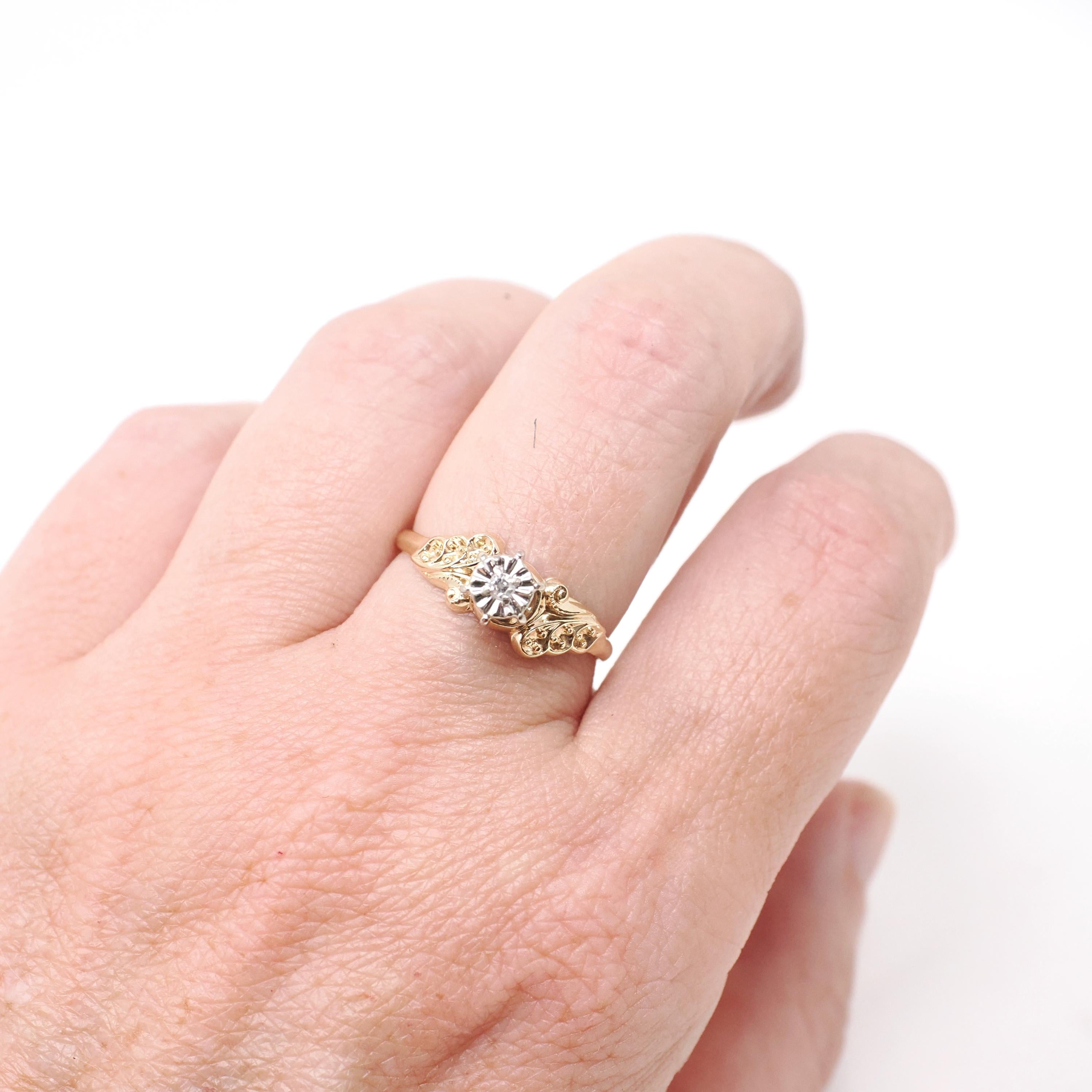 Illusion Diamond Ring - Retro 14k Yellow & 10k White Gold Natural .02 CT Solitaire Engagement - Circa 1990s Size 6 3/4 Fine Bridal Jewelry