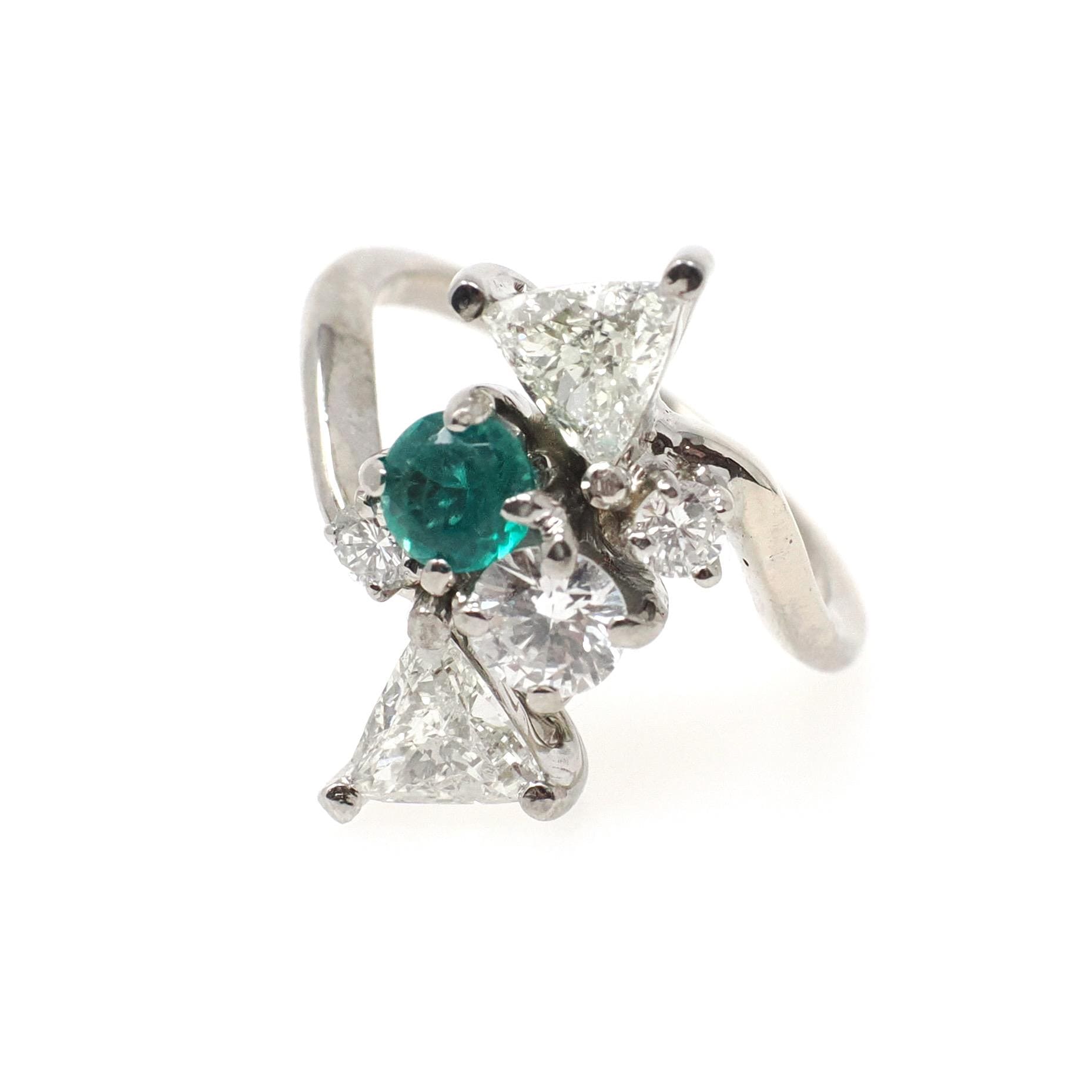 Emerald & Diamond Ring - Modern 14k White Gold Natural Emerald .98 CTW Diamonds Bypass - Circa 2000s Size 3 1/4 May Birthstone Fine Jewelry