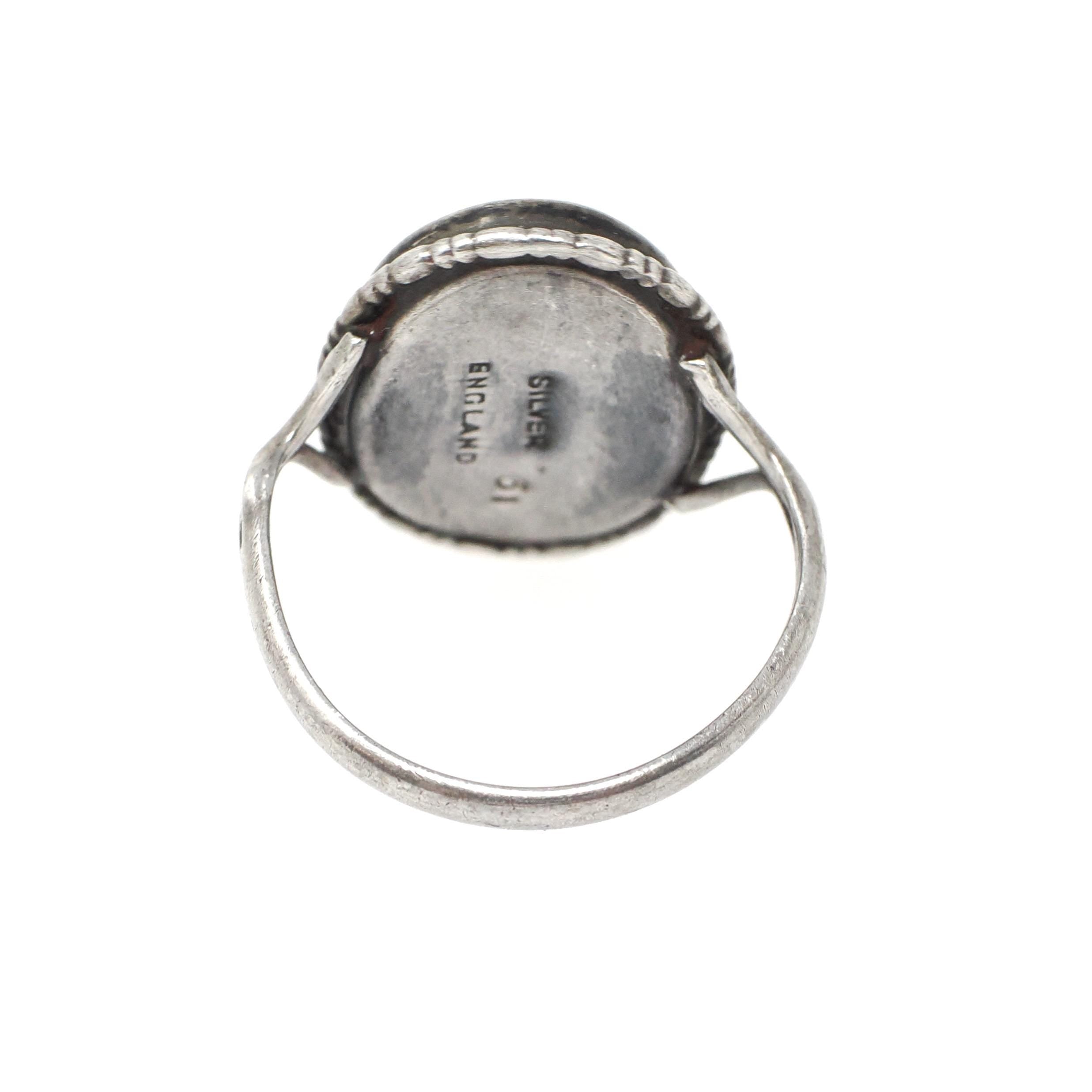 Morpho Butterfly Wing Ring - Art Deco English Silver Blue Chitin & Figural Woman - Circa 1930s Era Size 3 3/4 Classic Greek Souvenir Jewelry
